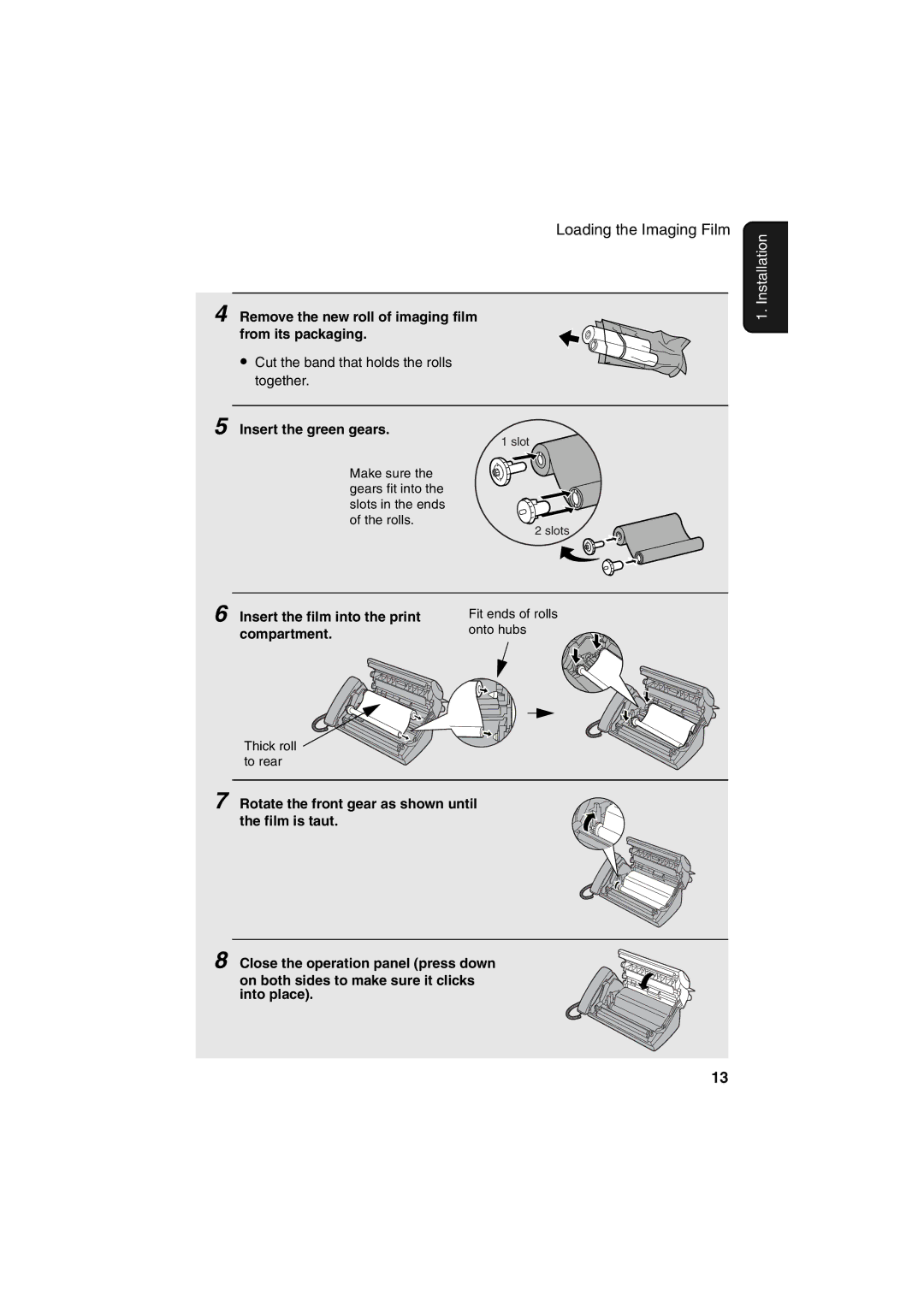 Sharp UX-A255 operation manual Remove the new roll of imaging film from its packaging, Insert the green gears, Compartment 