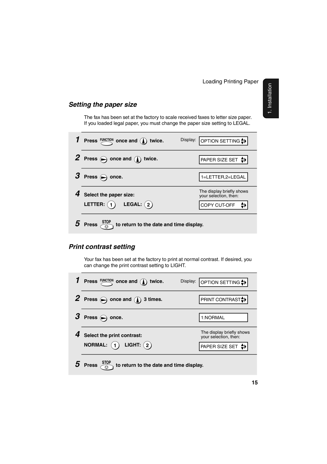 Sharp UX-A255 operation manual Setting the paper size, Print contrast setting 