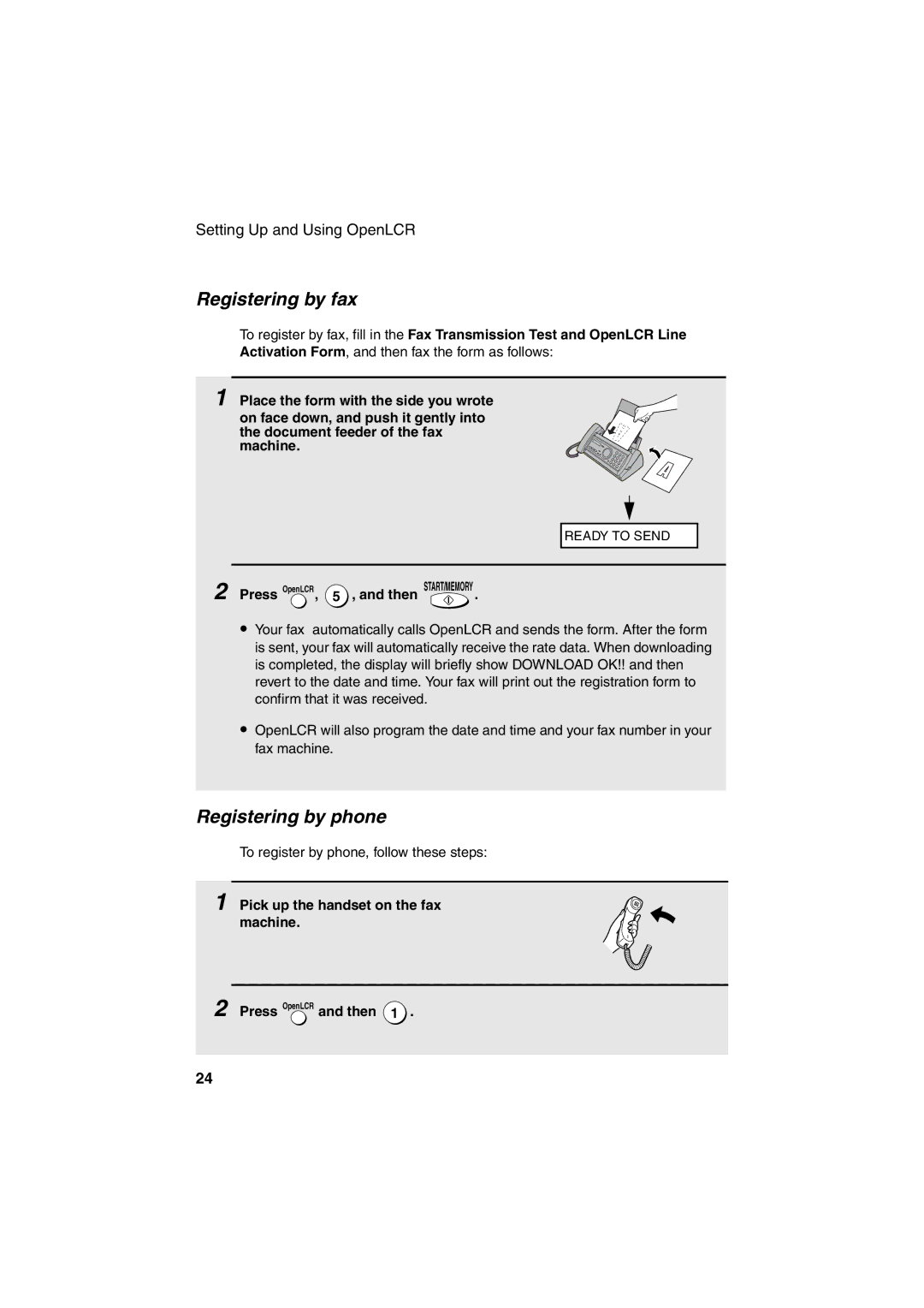 Sharp UX-A255 operation manual Registering by fax, Registering by phone, Press OpenLCR, 5 , and then START/MEMORY 