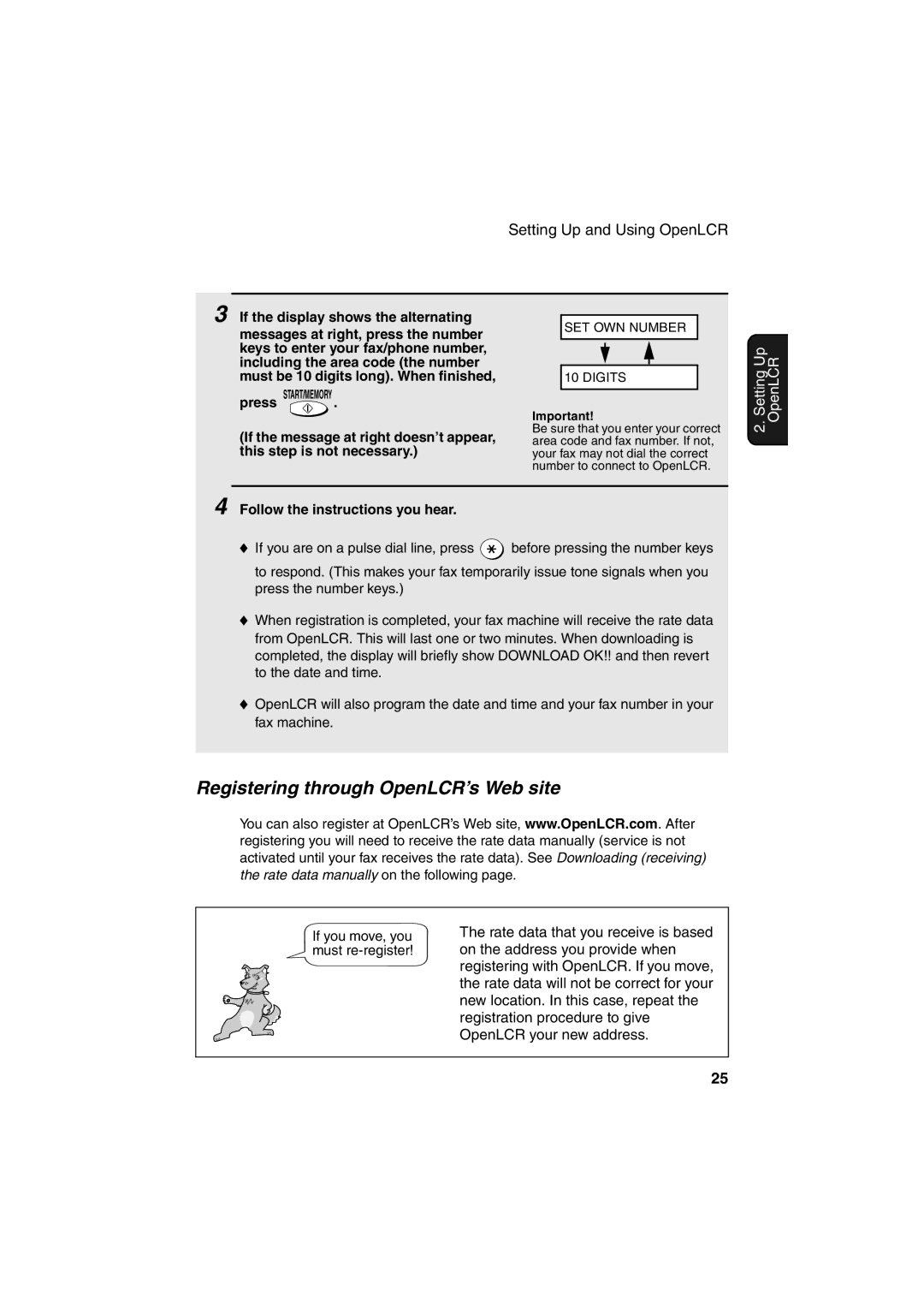 Sharp UX-A255 operation manual Registering through OpenLCR’s Web site, Follow the instructions you hear 