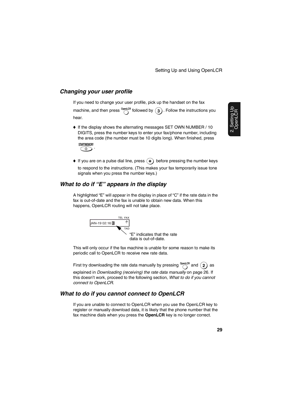 Sharp UX-A255 operation manual Changing your user profile, What to do if E appears in the display 