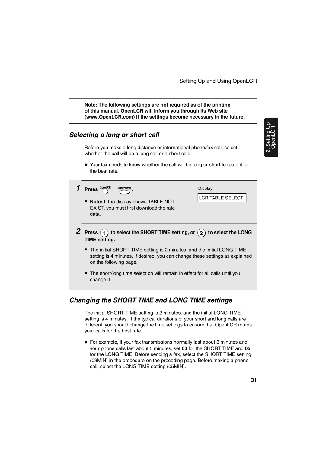 Sharp UX-A255 Selecting a long or short call, Changing the Short Time and Long Time settings, Press OpenLCR , Function 