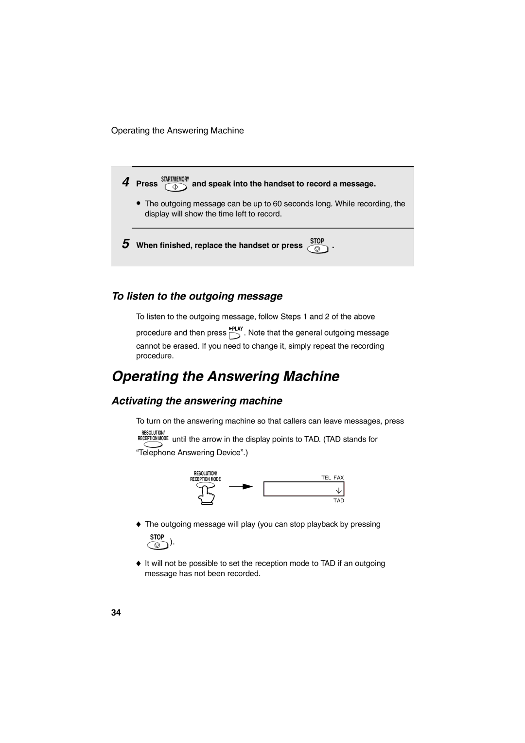 Sharp UX-A255 Operating the Answering Machine, To listen to the outgoing message, Activating the answering machine 