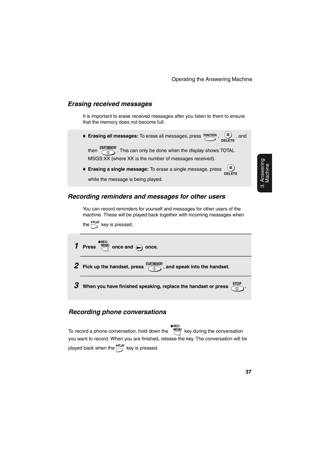 Sharp UX-A255 Erasing received messages, Recording reminders and messages for other users, Recording phone conversations 