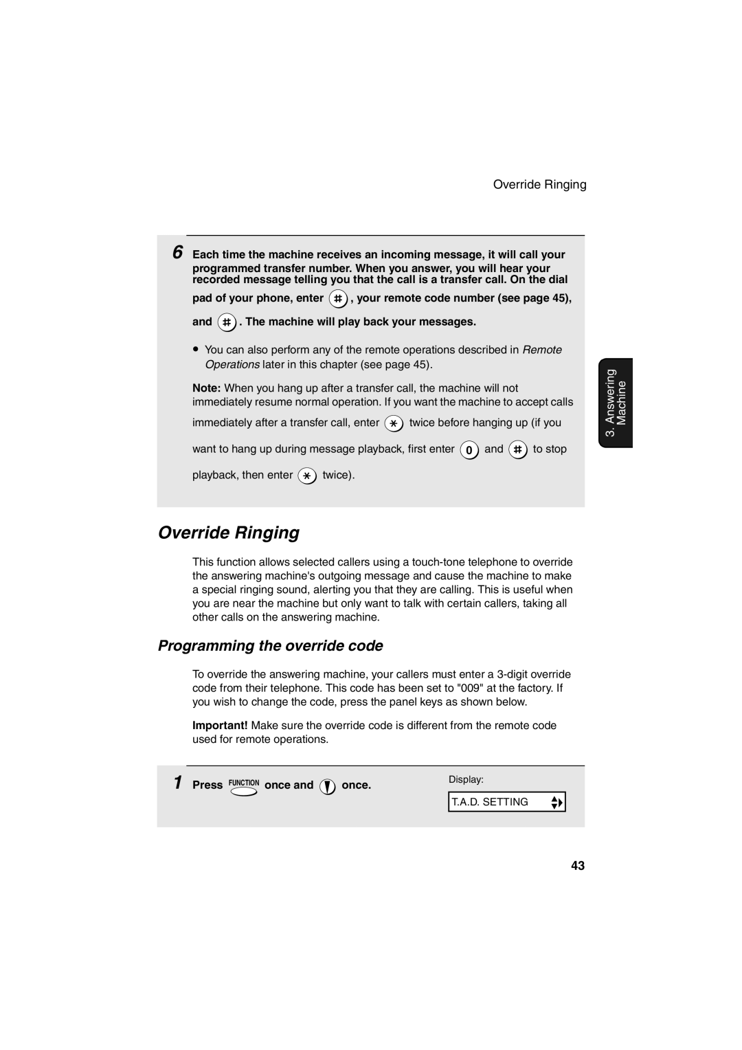 Sharp UX-A255 operation manual Programming the override code, Override Ringing 