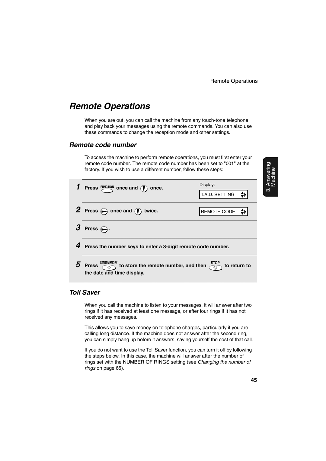 Sharp UX-A255 operation manual Remote Operations, Remote code number, Toll Saver, Date and time display 