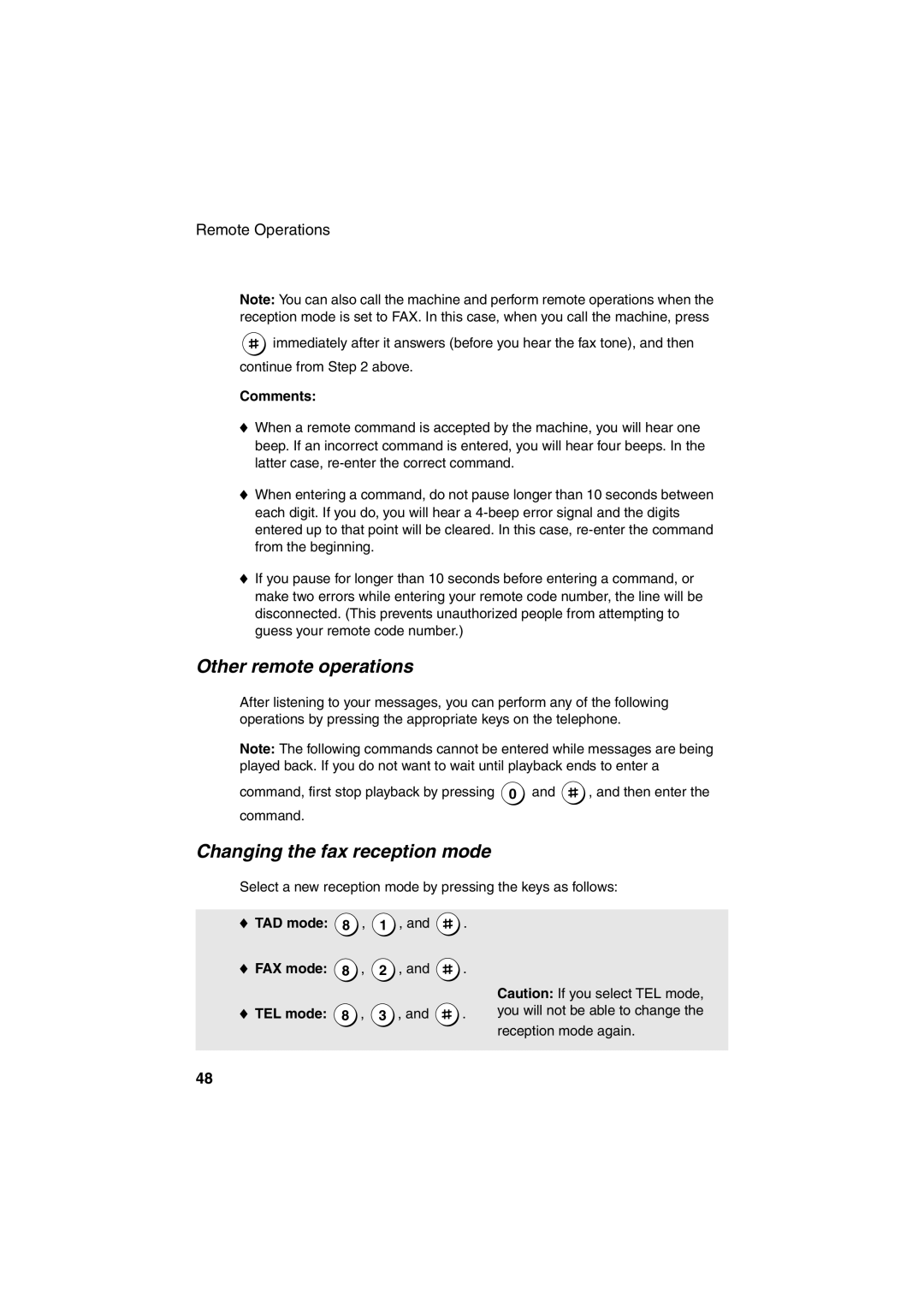 Sharp UX-A255 operation manual Other remote operations, Changing the fax reception mode, TAD mode FAX mode TEL mode 