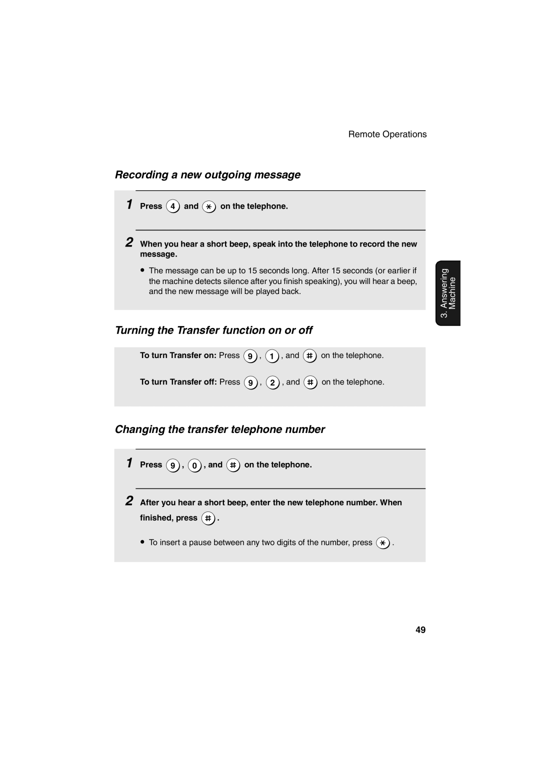 Sharp UX-A255 Recording a new outgoing message, Turning the Transfer function on or off, To turn Transfer on Press 