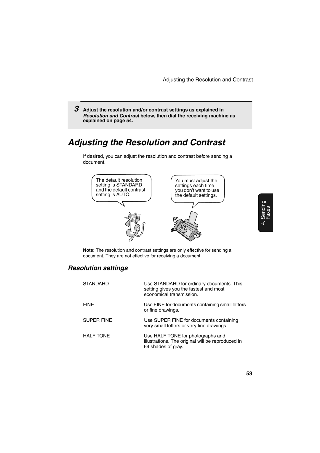 Sharp UX-A255 operation manual Adjusting the Resolution and Contrast, Resolution settings 