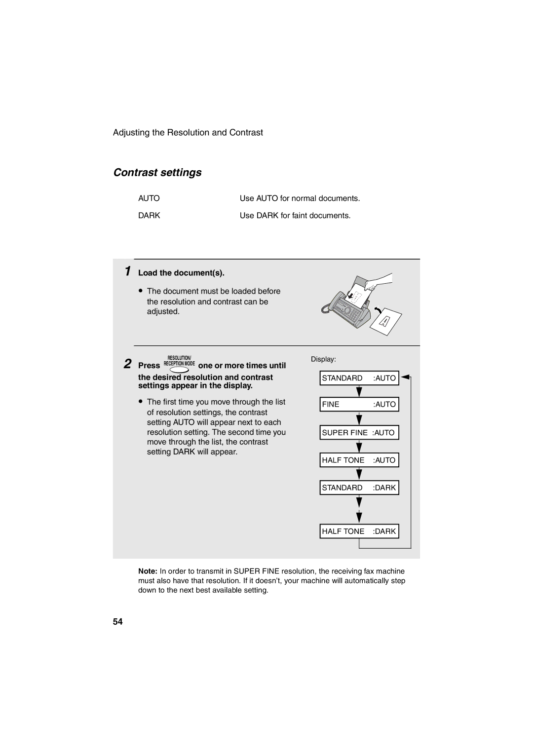 Sharp UX-A255 operation manual Contrast settings, Load the documents 