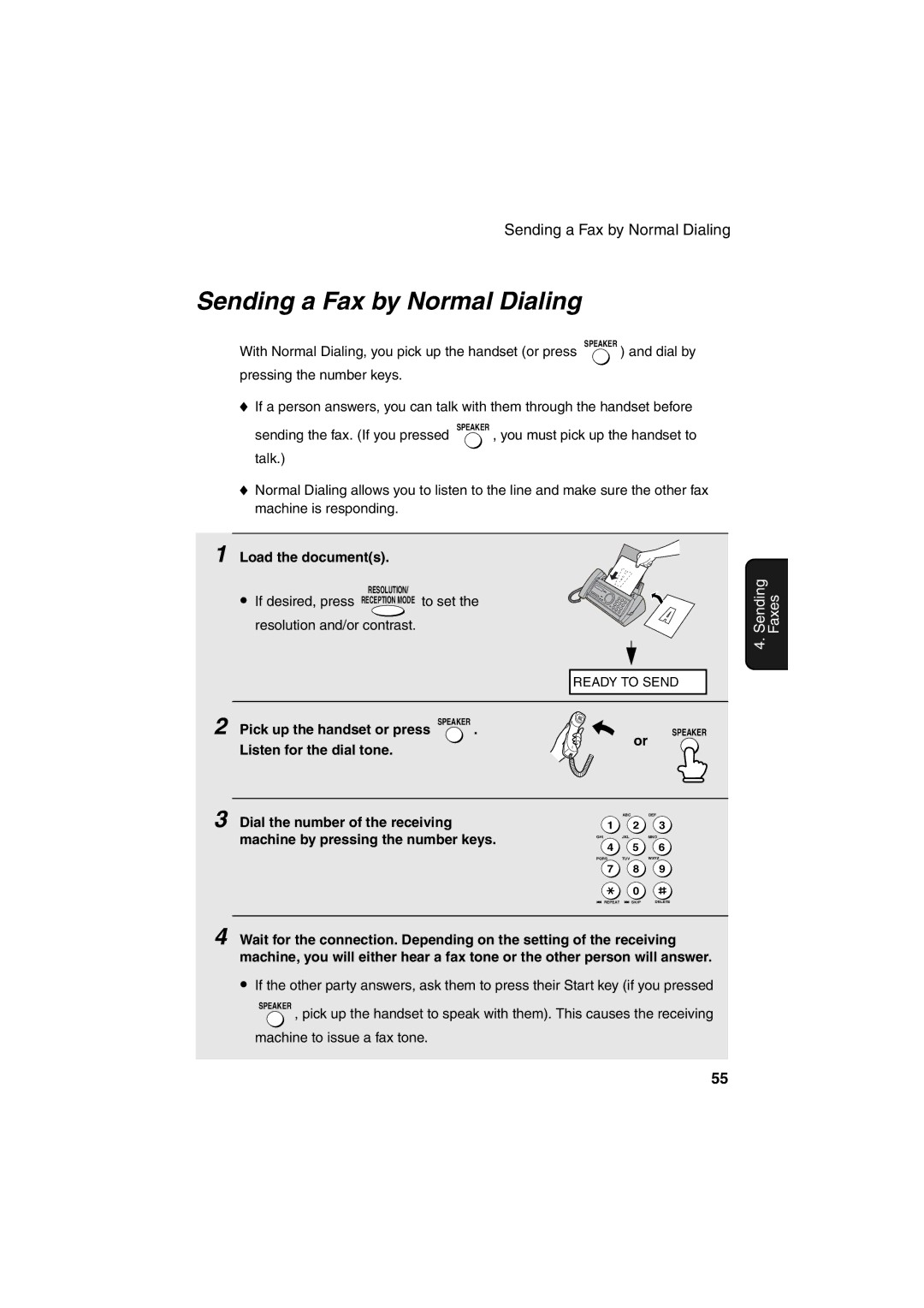 Sharp UX-A255 Sending a Fax by Normal Dialing, Pick up the handset or press Speaker, Machine by pressing the number keys 