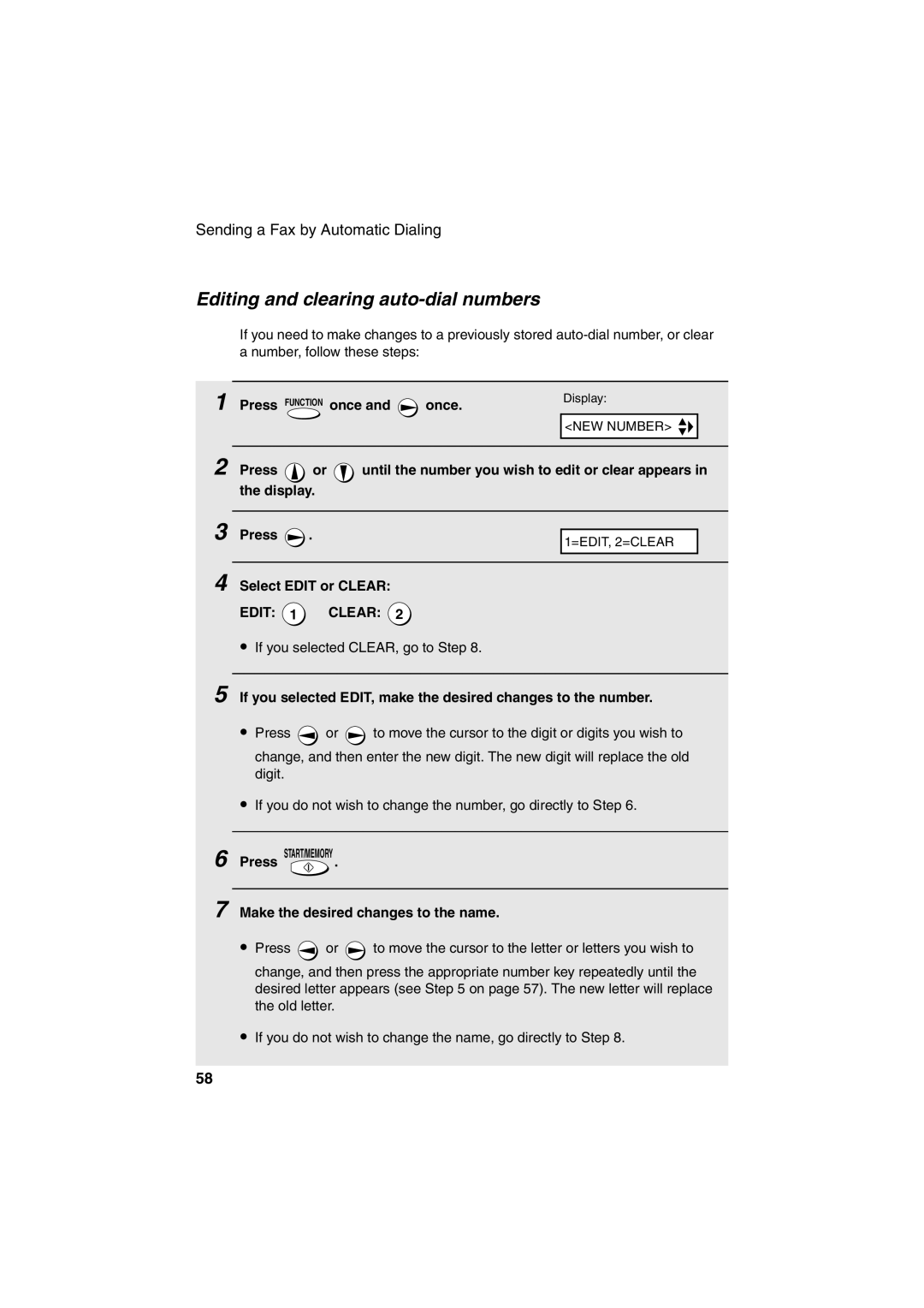 Sharp UX-A255 Editing and clearing auto-dial numbers, Select Edit or Clear, Make the desired changes to the name 