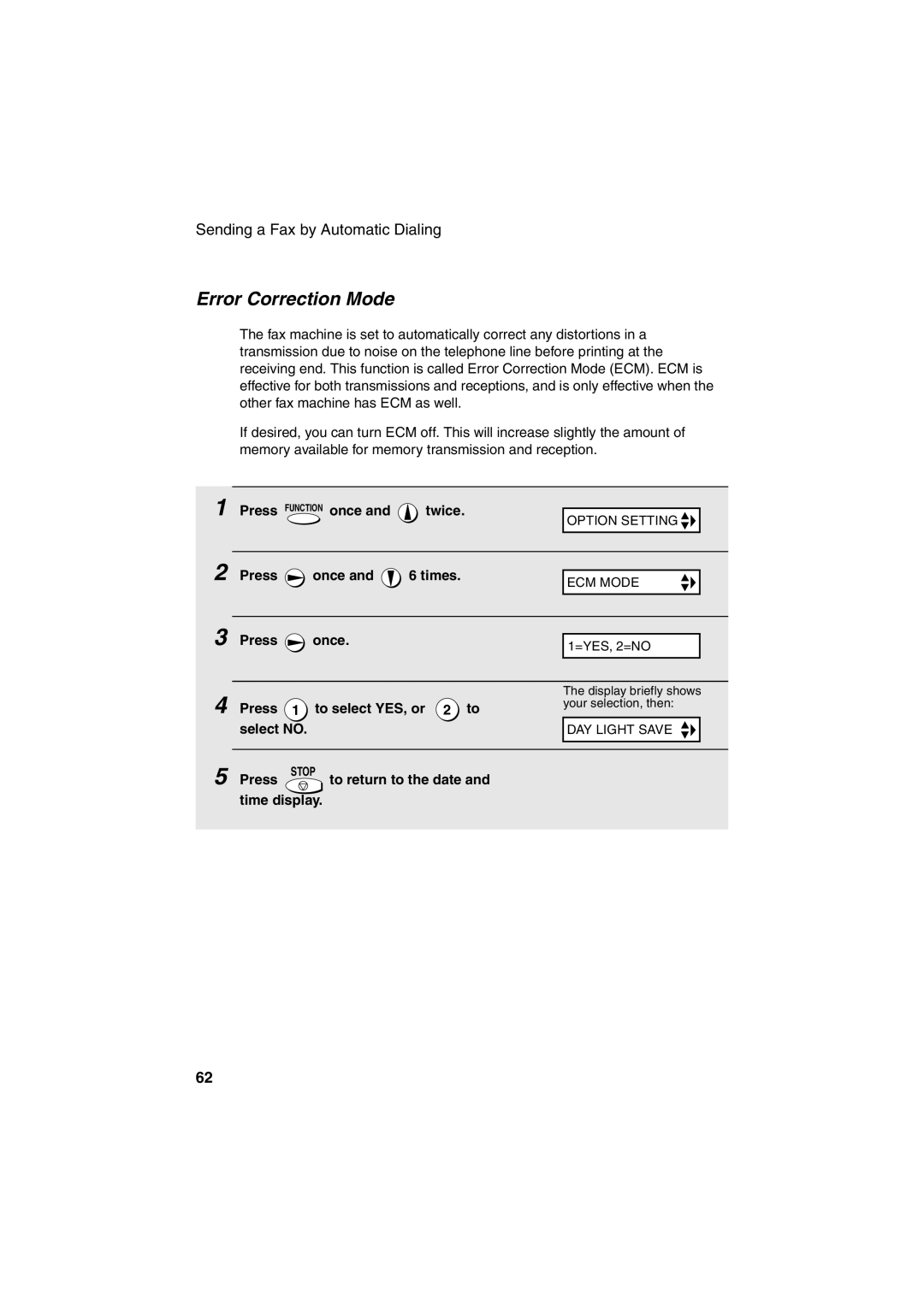 Sharp UX-A255 Error Correction Mode, Press 1 to select YES, or, Select no, Press to return to the date and time display 