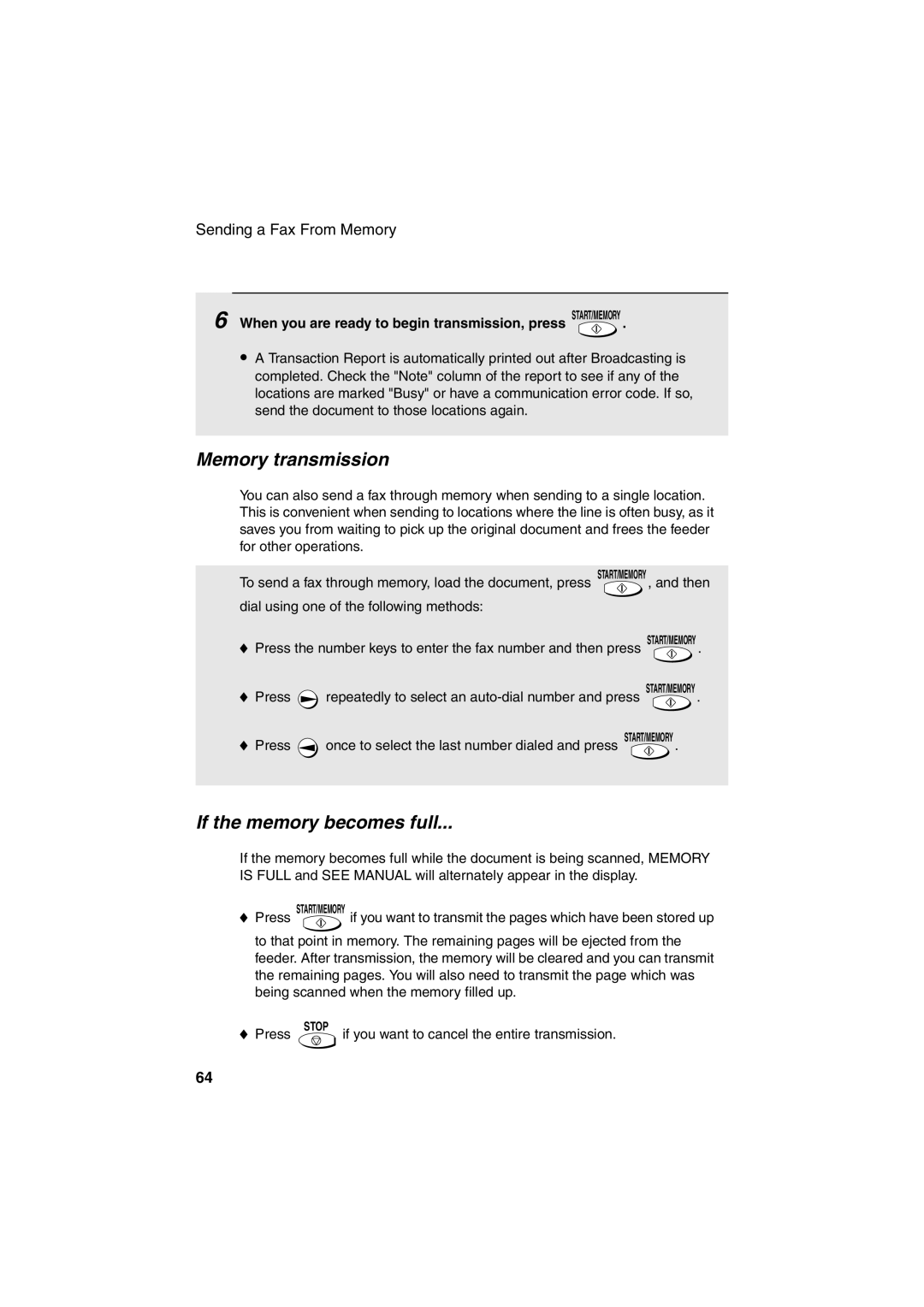 Sharp UX-A255 operation manual Memory transmission, If the memory becomes full 