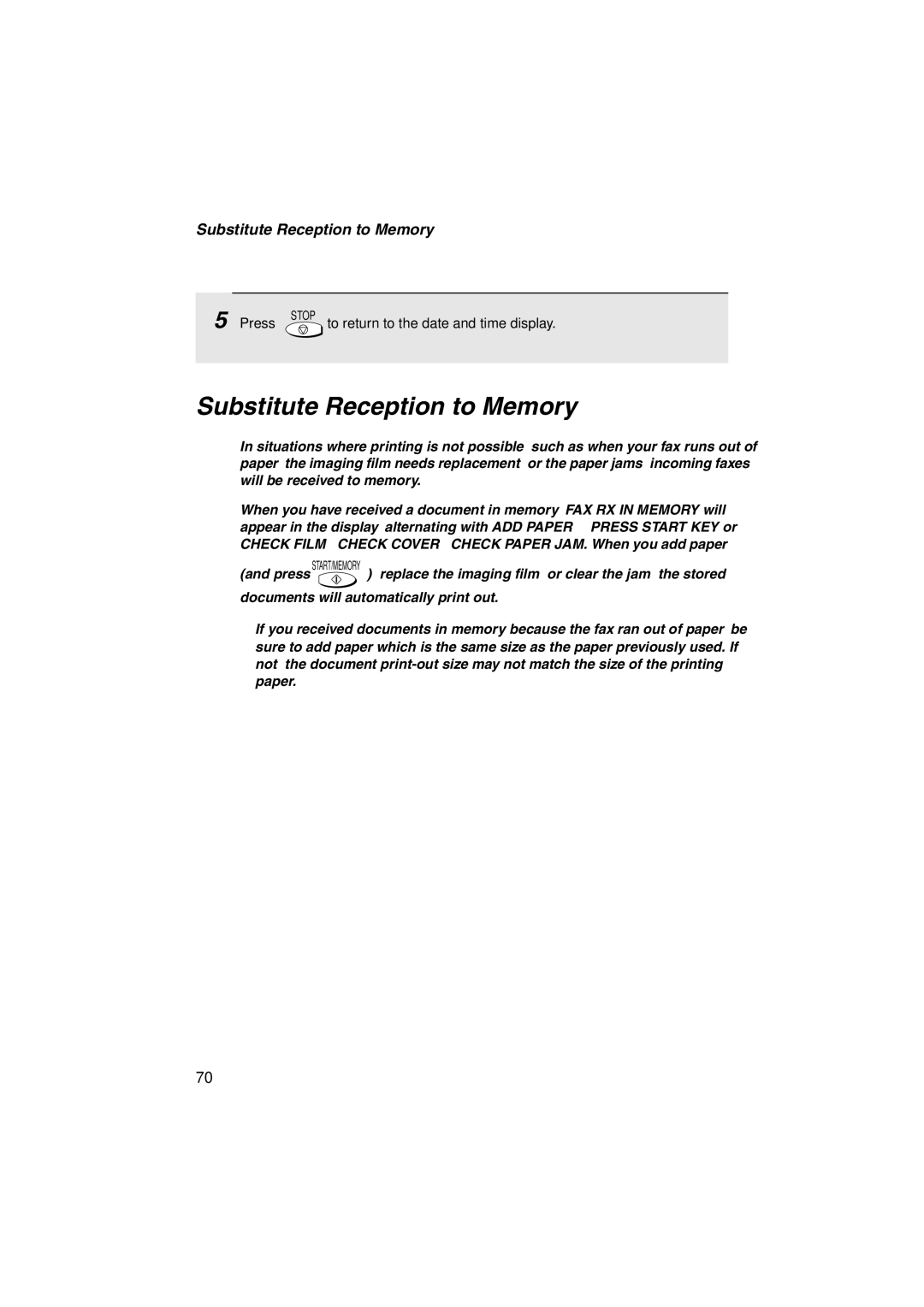 Sharp UX-A255 operation manual Substitute Reception to Memory 