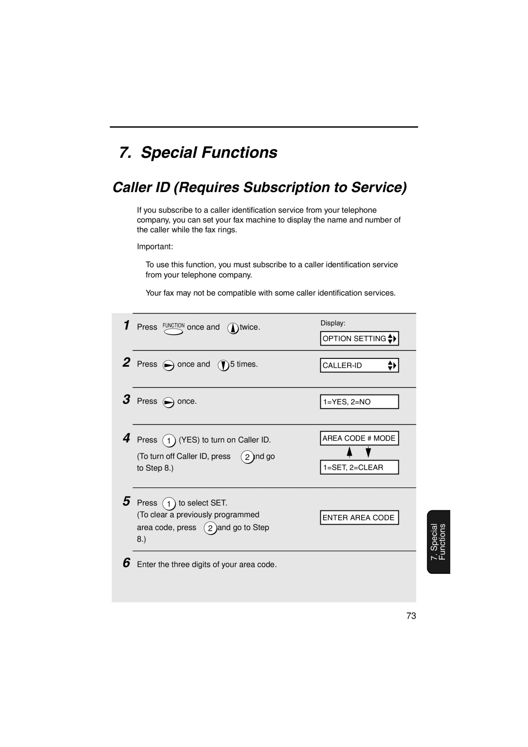 Sharp UX-A255 Special Functions, Caller ID Requires Subscription to Service, Press YES to turn on Caller ID 