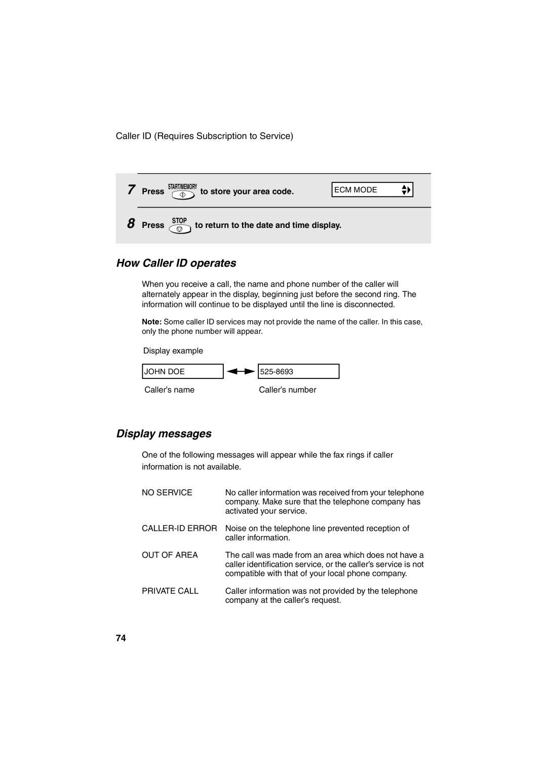 Sharp UX-A255 operation manual How Caller ID operates, Display messages, Caller ID Requires Subscription to Service 