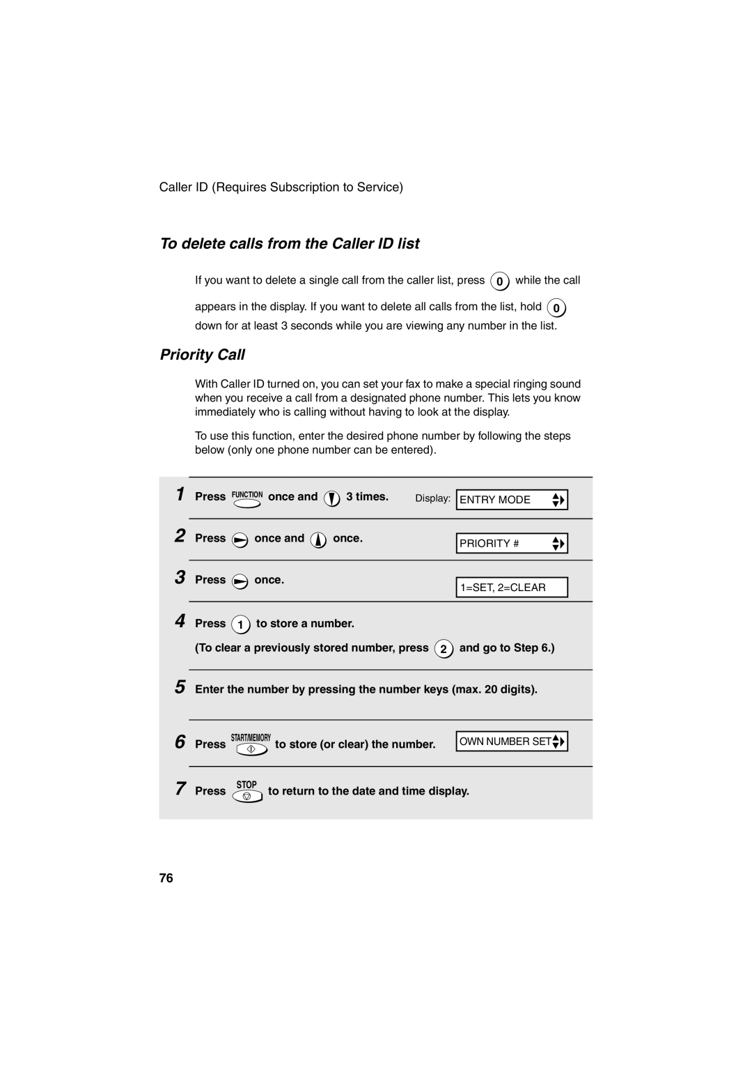 Sharp UX-A255 operation manual To delete calls from the Caller ID list, Priority Call 