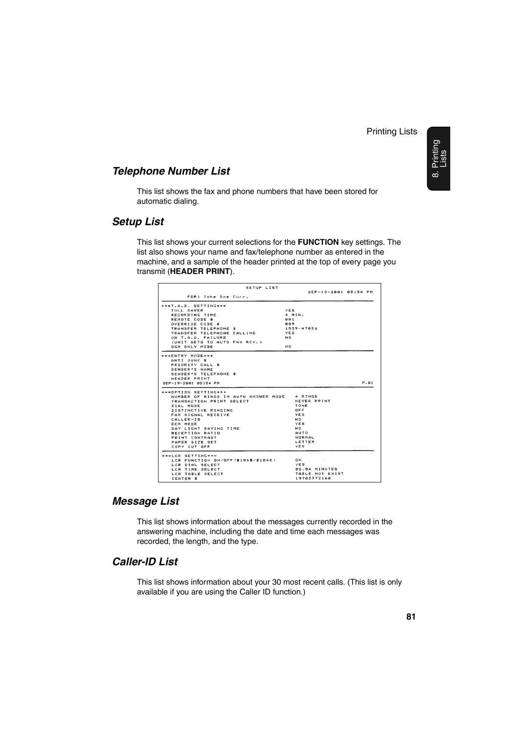 Sharp UX-A255 operation manual Telephone Number List, Setup List, Message List, Caller-ID List 