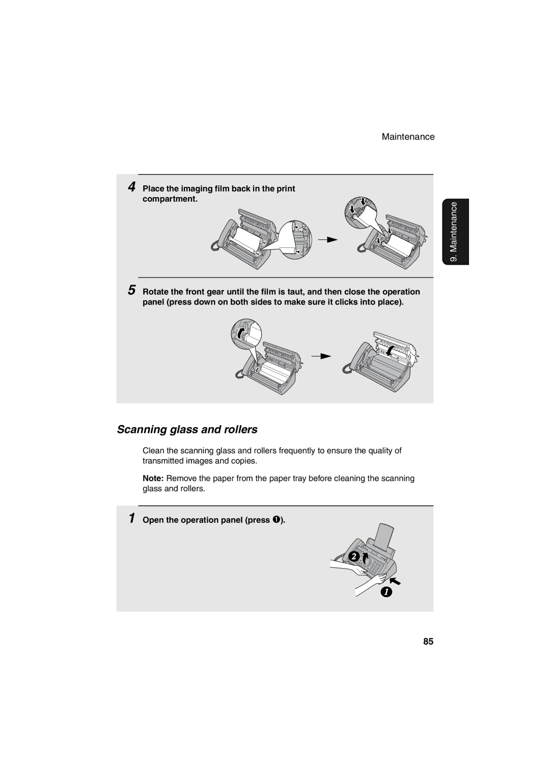 Sharp UX-A255 operation manual Scanning glass and rollers, Place the imaging film back in the print compartment 