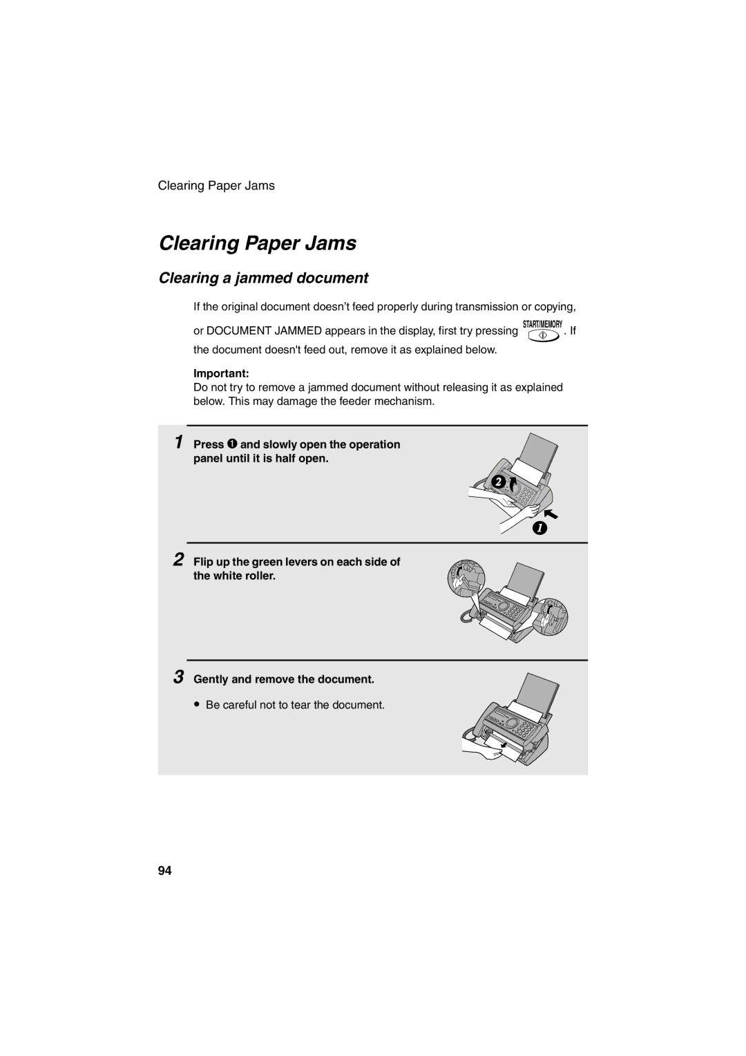 Sharp UX-A255 operation manual Clearing Paper Jams, Clearing a jammed document 