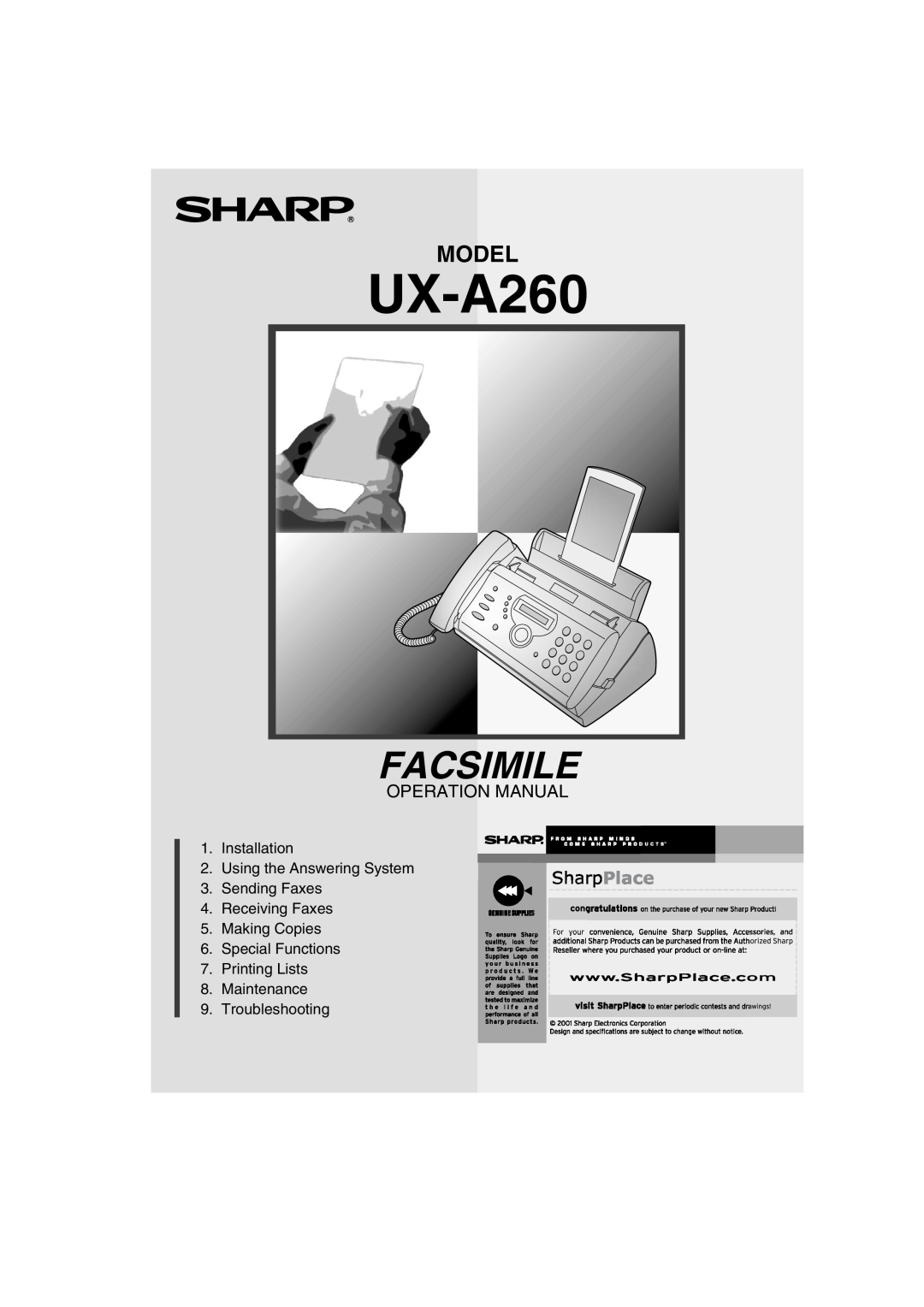Sharp UX-A260 manual Facsimile, Model, Operation Manual 