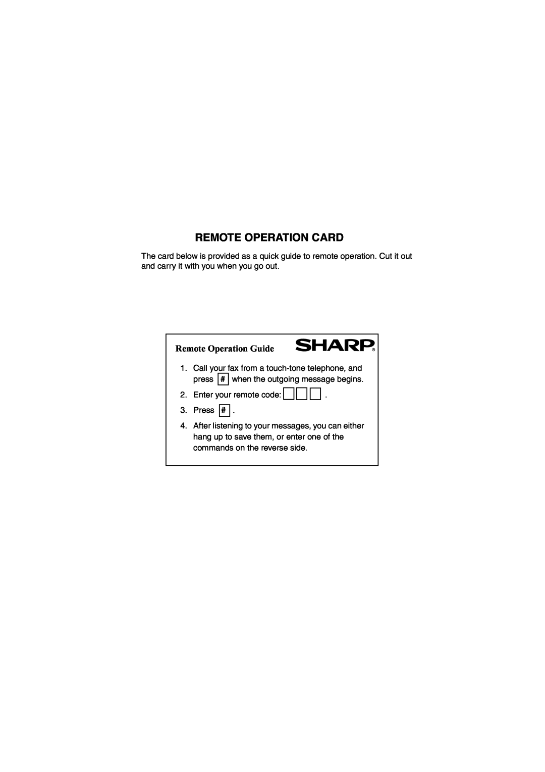 Sharp UX-A260 manual Remote Operation Card, Remote Operation Guide 