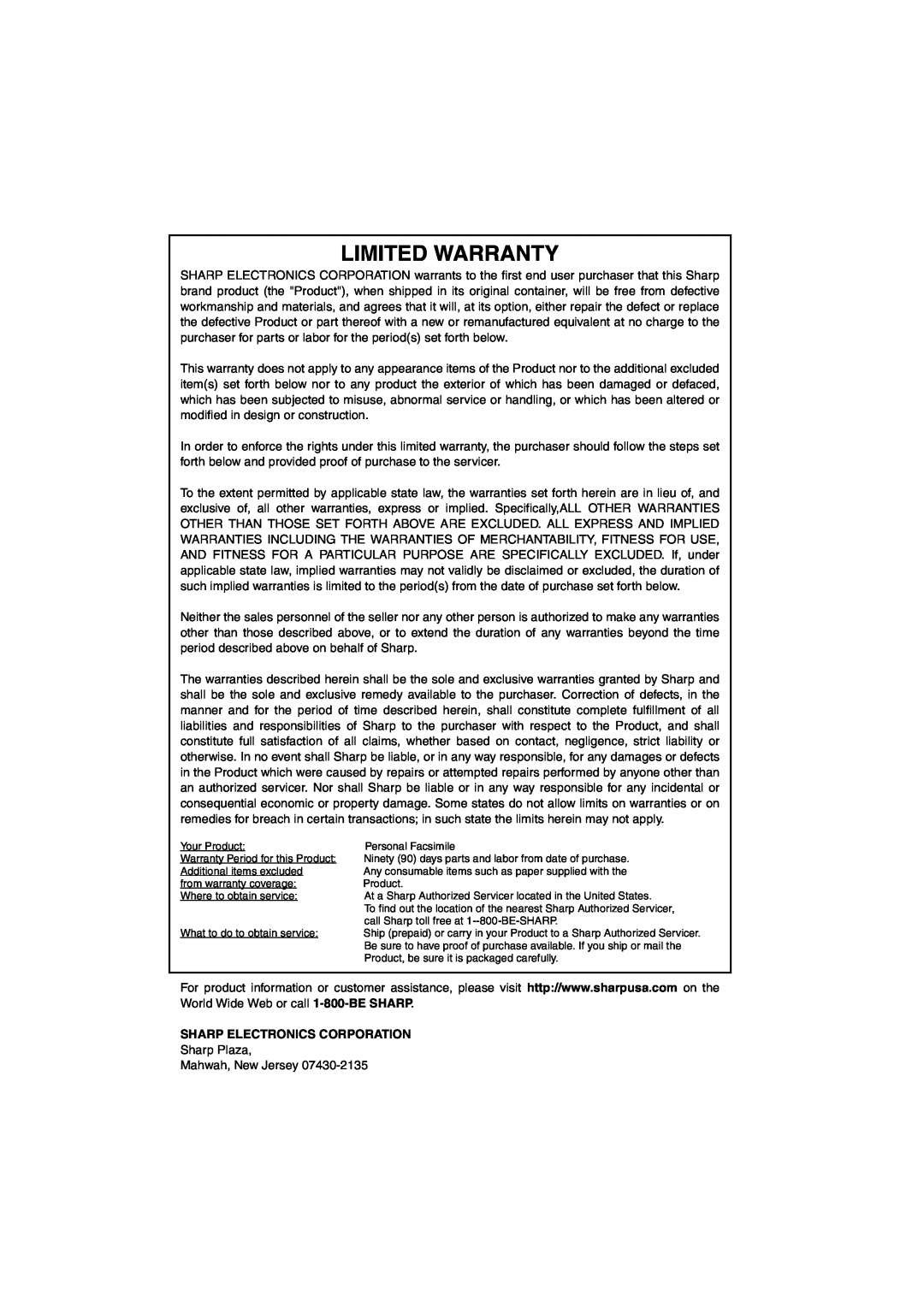 Sharp UX-A260 manual Limited Warranty, Sharp Electronics Corporation 