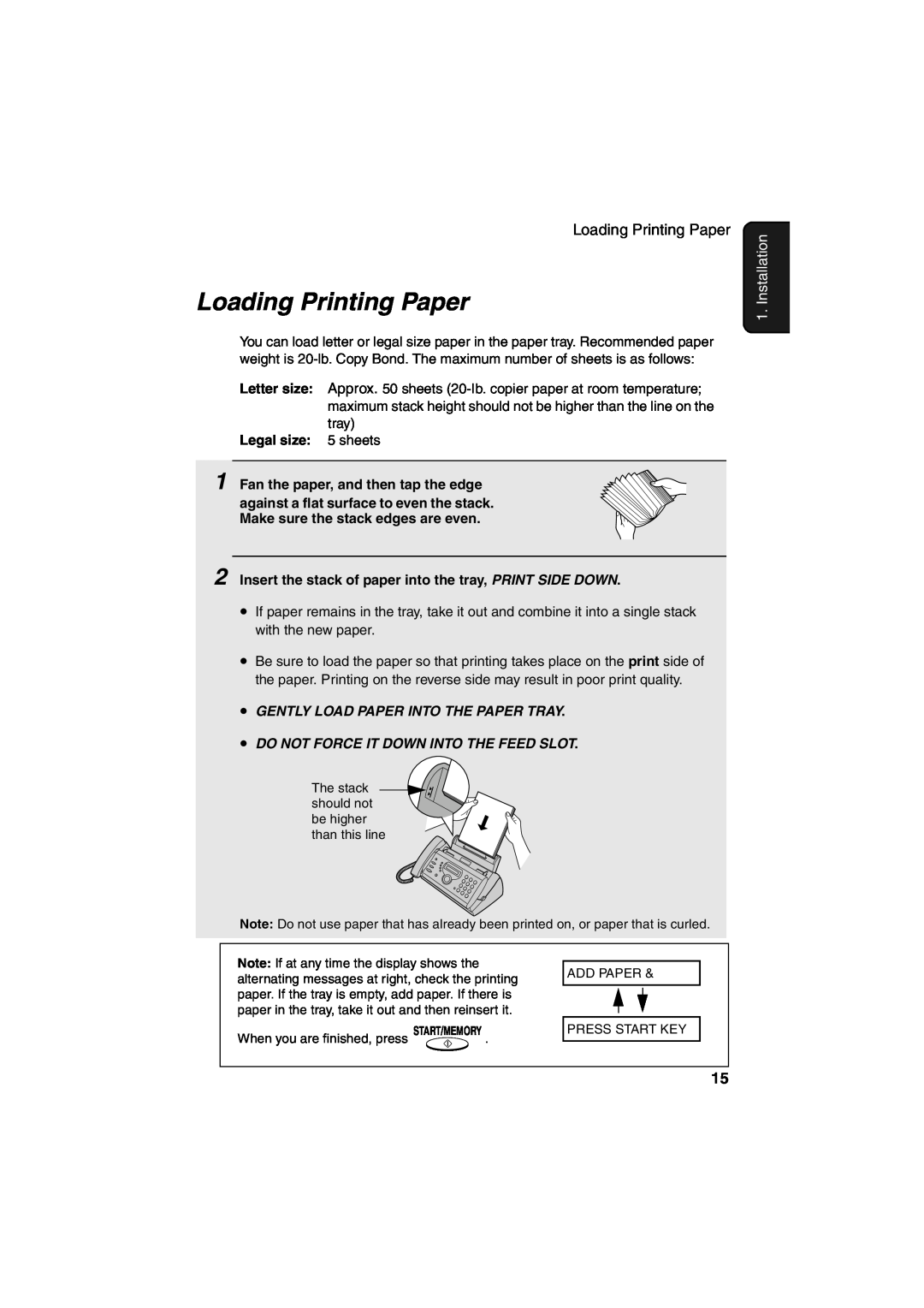 Sharp UX-A260 manual Loading Printing Paper, Installation, Gently Load Paper Into The Paper Tray 