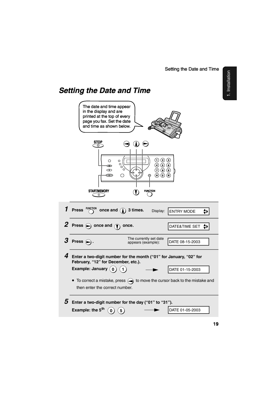 Sharp UX-A260 manual Setting the Date and Time, Installation1 
