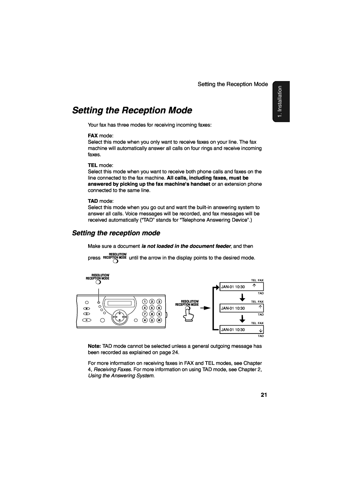 Sharp UX-A260 manual Setting the Reception Mode, Setting the reception mode, Installation 
