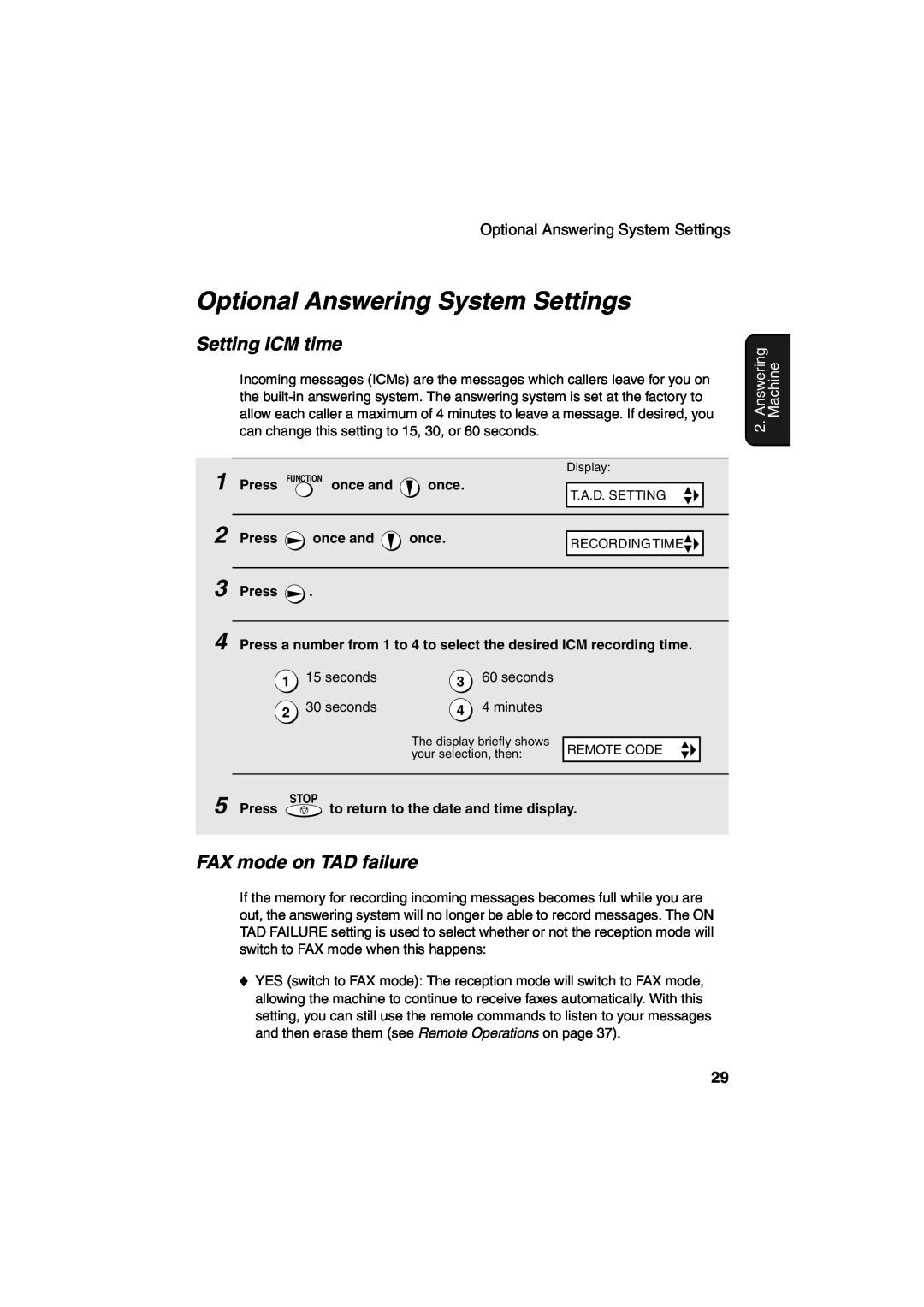 Sharp UX-A260 manual Optional Answering System Settings, Setting ICM time, FAX mode on TAD failure, Machine 