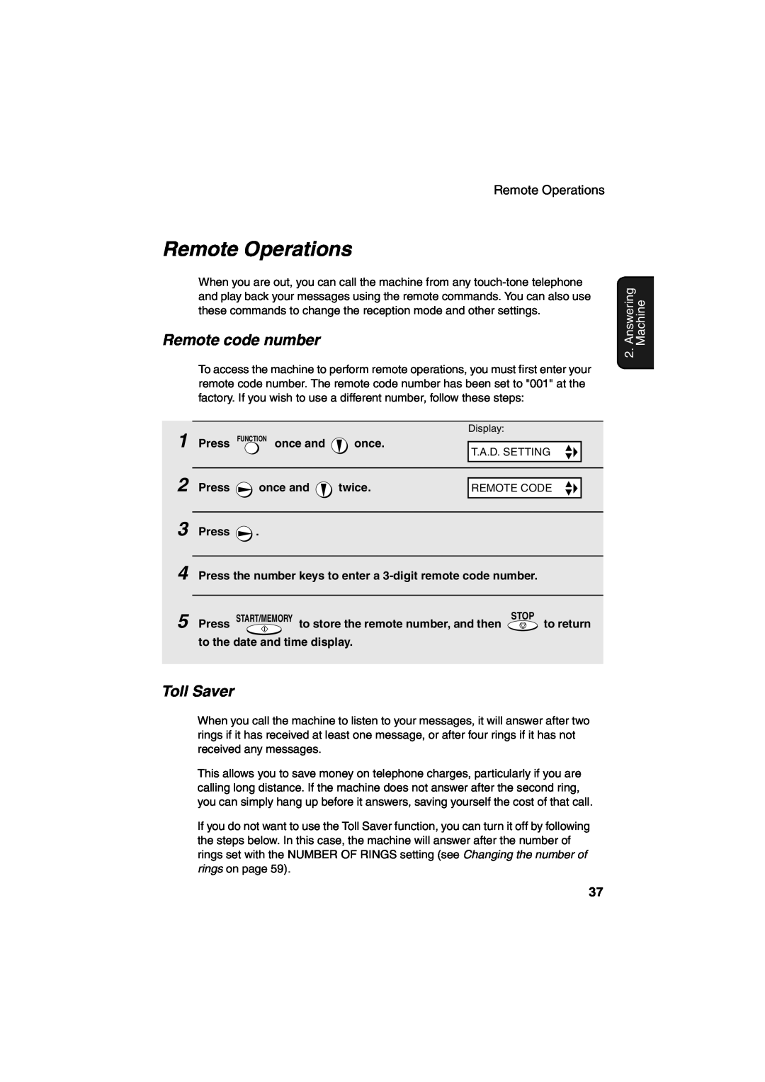 Sharp UX-A260 manual Remote Operations, Remote code number, Toll Saver, Answering, Machine 