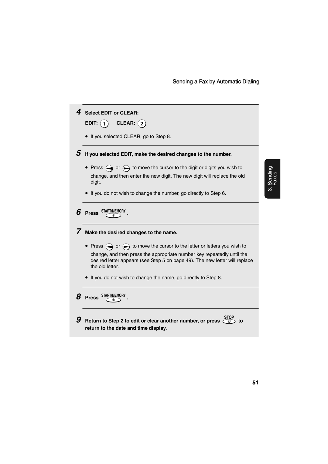 Sharp UX-A260 manual Sending, Faxes, Select EDIT or CLEAR, Edit, Clear, Make the desired changes to the name 