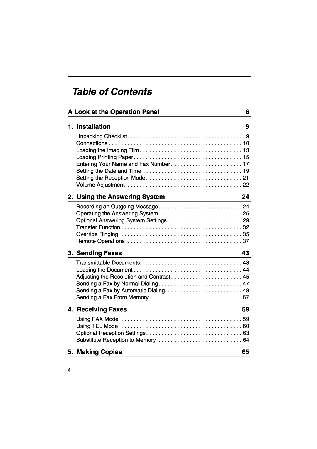 Sharp UX-A260 Table of Contents, A Look at the Operation Panel, Installation, Using the Answering System, Sending Faxes 