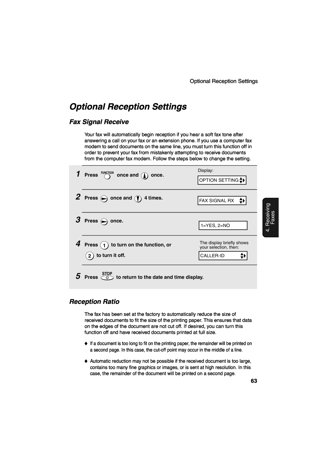 Sharp UX-A260 manual Optional Reception Settings, Fax Signal Receive, Reception Ratio, Receiving, Faxes 