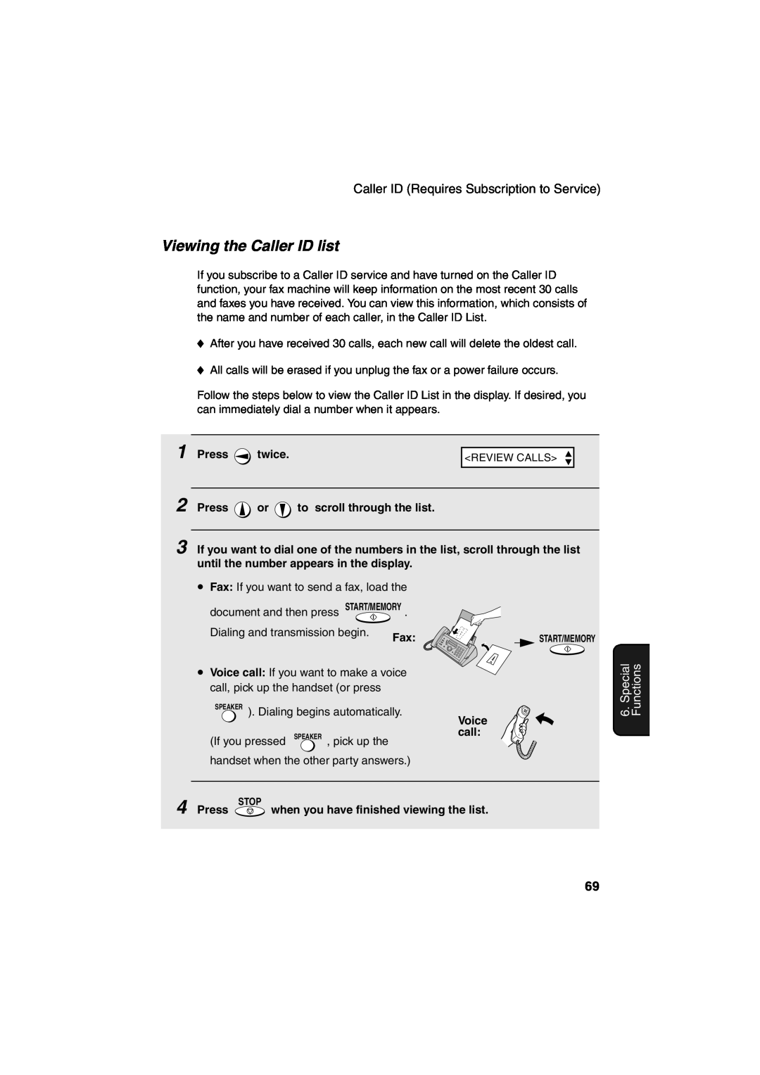 Sharp UX-A260 manual Viewing the Caller ID list, Special Functions 