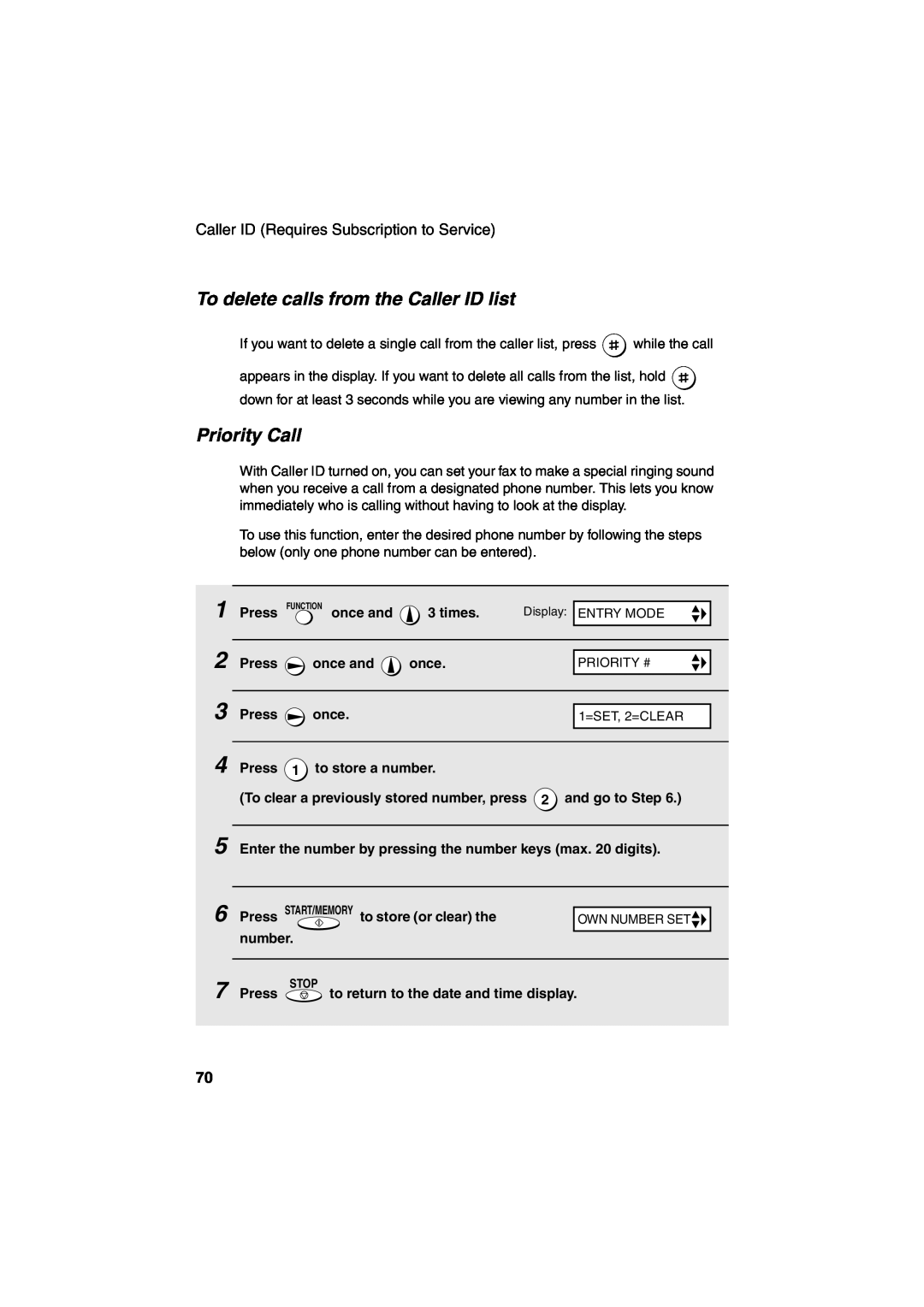 Sharp UX-A260 manual To delete calls from the Caller ID list, Priority Call, Own Number Set 