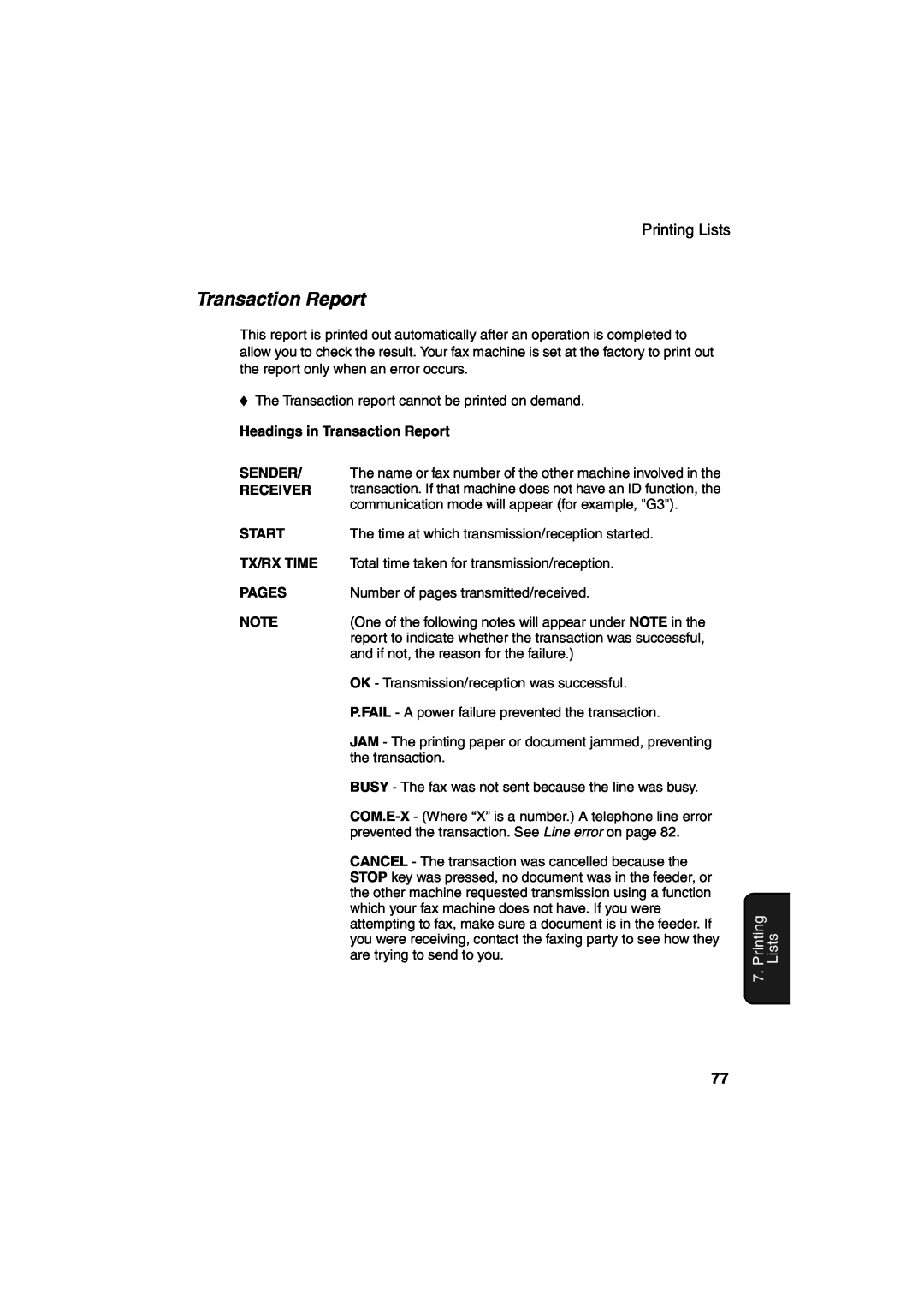 Sharp UX-A260 manual Printing, Lists, Headings in Transaction Report, Sender, Receiver, Start, Tx/Rx Time, Pages 