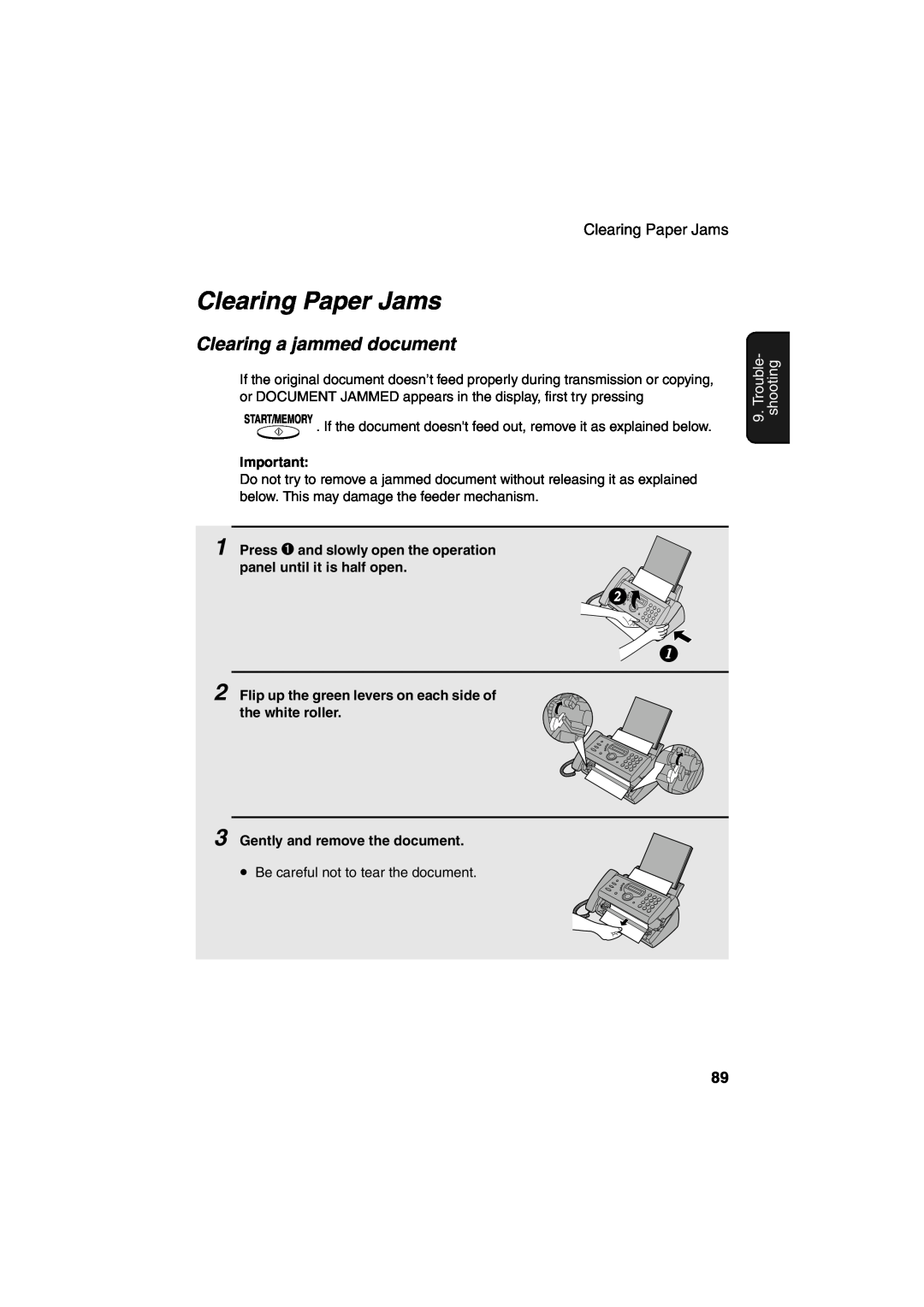 Sharp UX-A260 manual Clearing Paper Jams, Clearing a jammed document, Trouble- shooting 