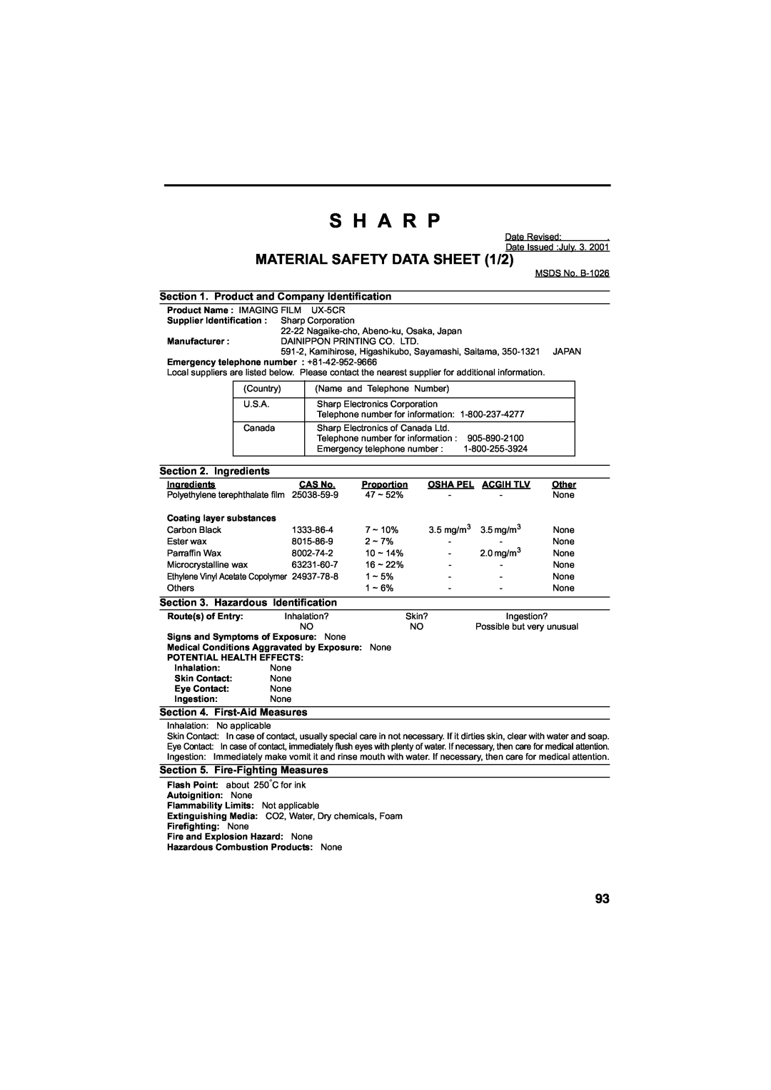 Sharp UX-A260 manual S H A R P, MATERIAL SAFETY DATA SHEET 1/2 