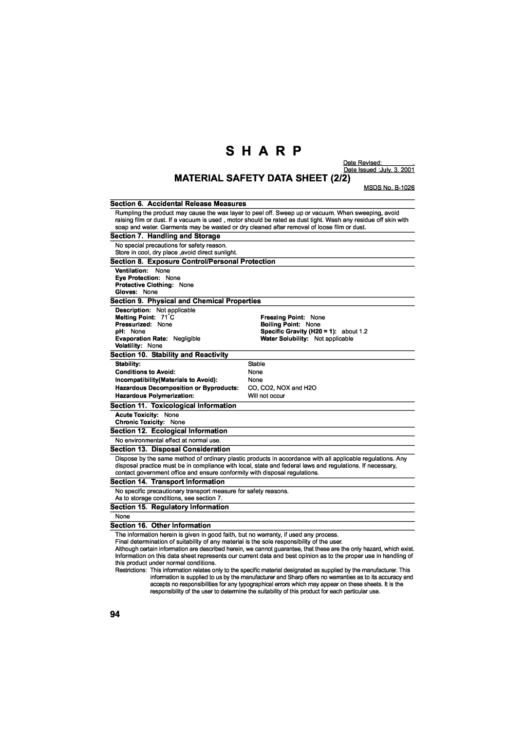 Sharp UX-A260 manual MATERIAL SAFETY DATA SHEET 2/2, S H A R P 