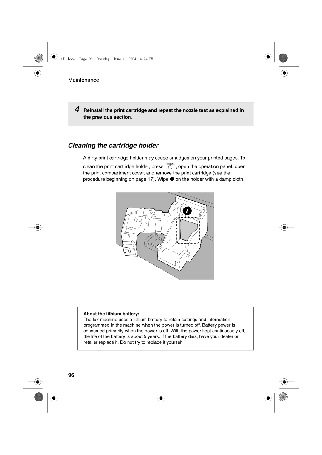 Sharp UX-B30 manual Cleaning the cartridge holder, About the lithium battery 