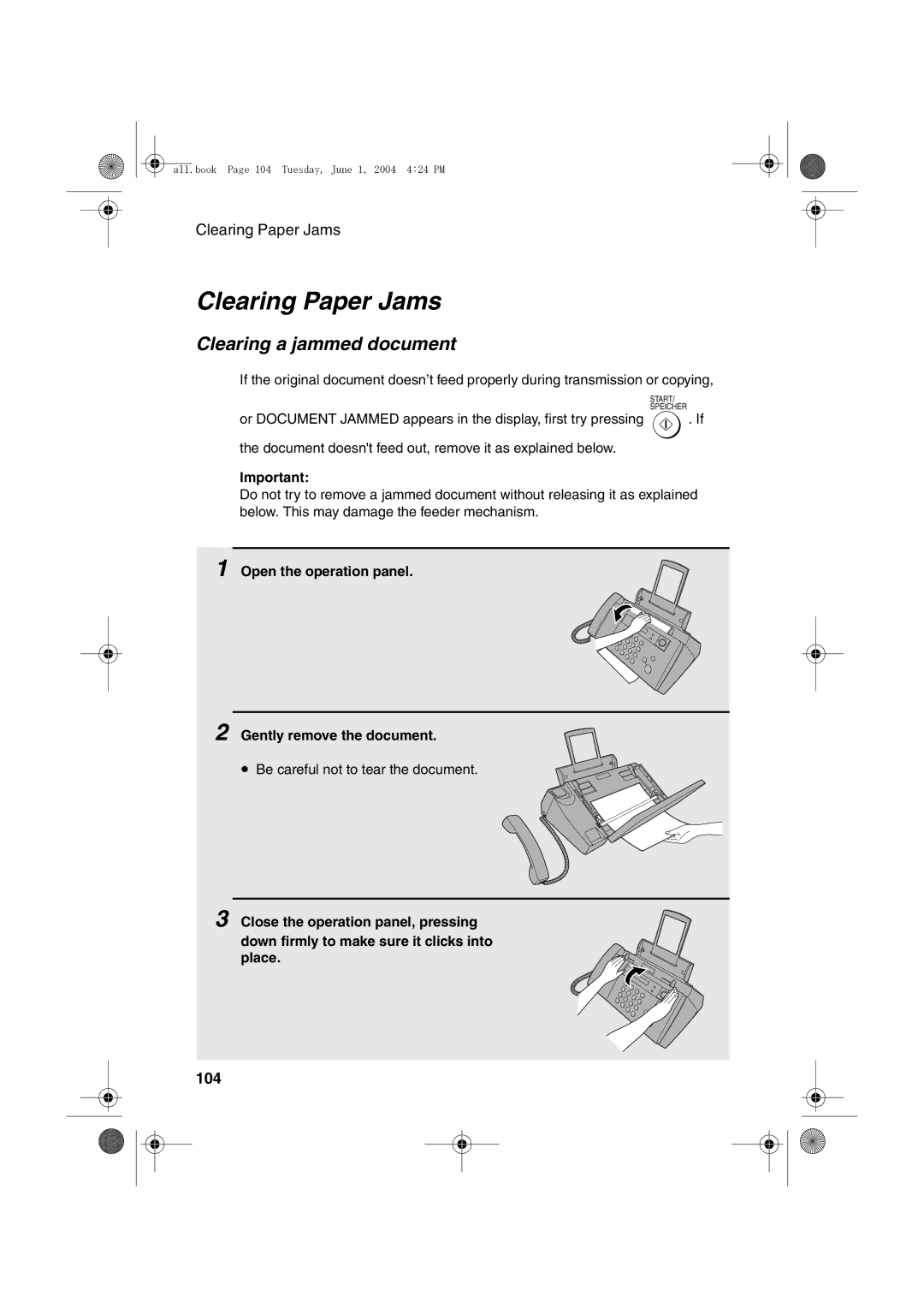 Sharp UX-B30 manual Clearing Paper Jams, Clearing a jammed document, Open the operation panel Gently remove the document 