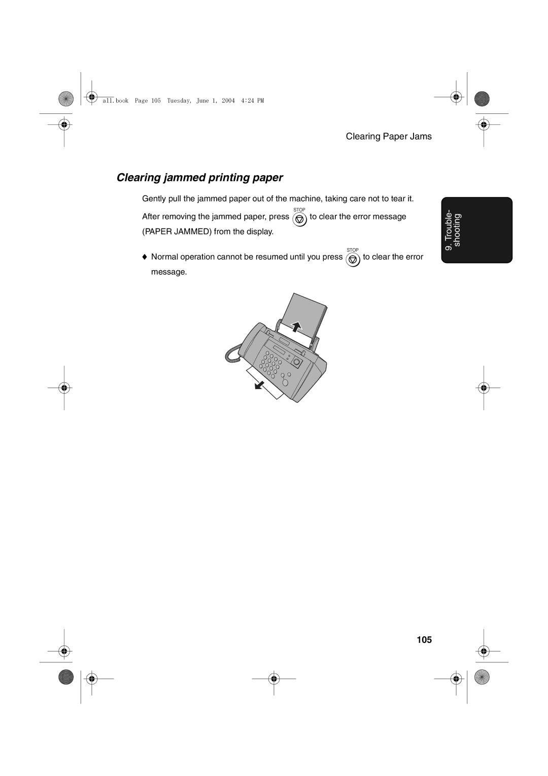 Sharp UX-B30 manual Clearing jammed printing paper 