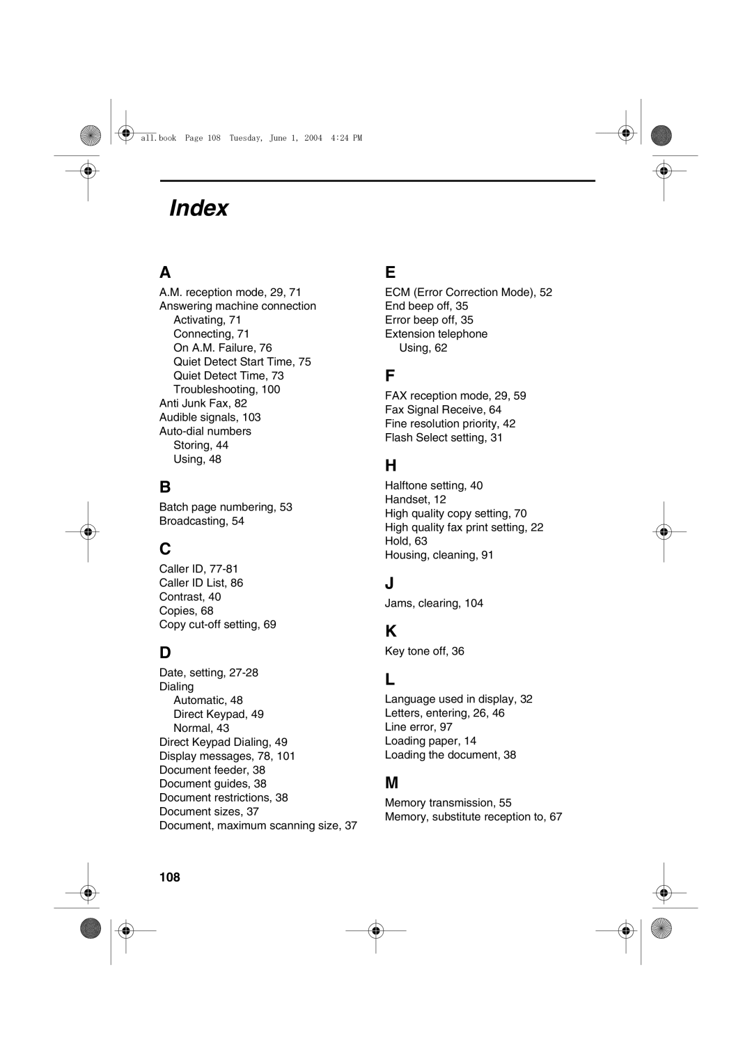 Sharp UX-B30 manual Index, 108 