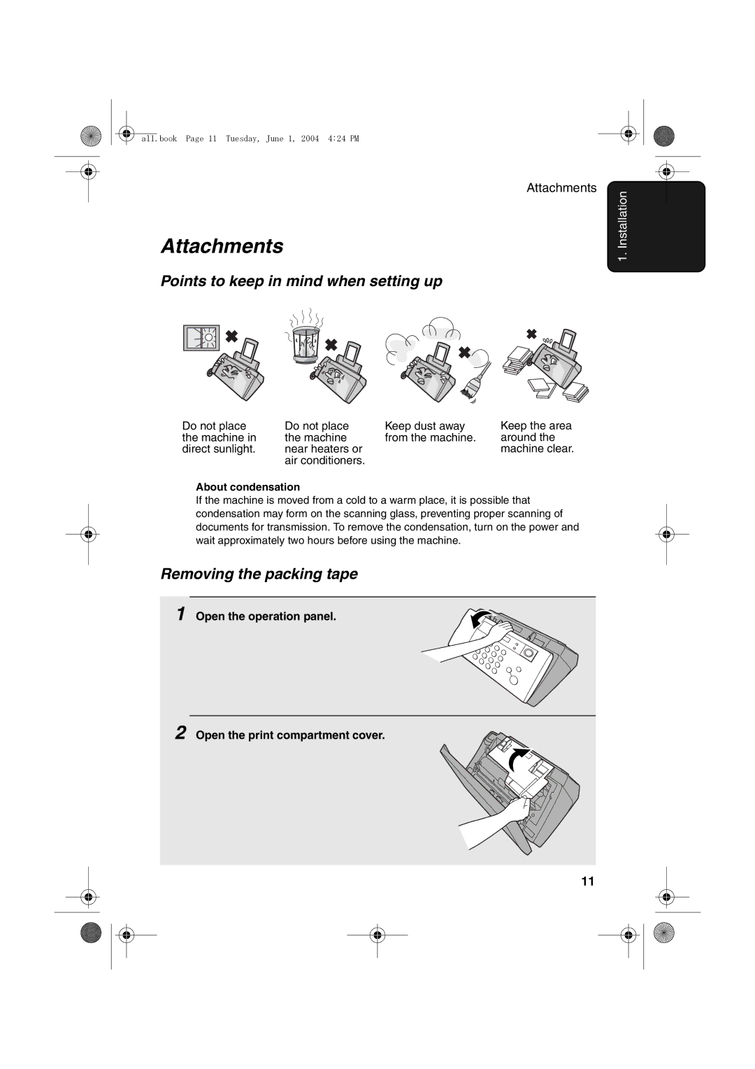 Sharp UX-B30 manual Attachments, Points to keep in mind when setting up, Removing the packing tape 