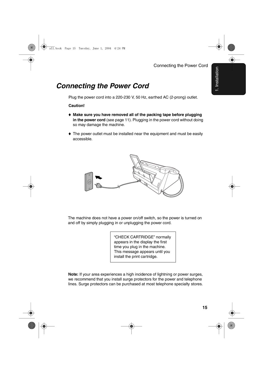 Sharp UX-B30 manual Connecting the Power Cord 