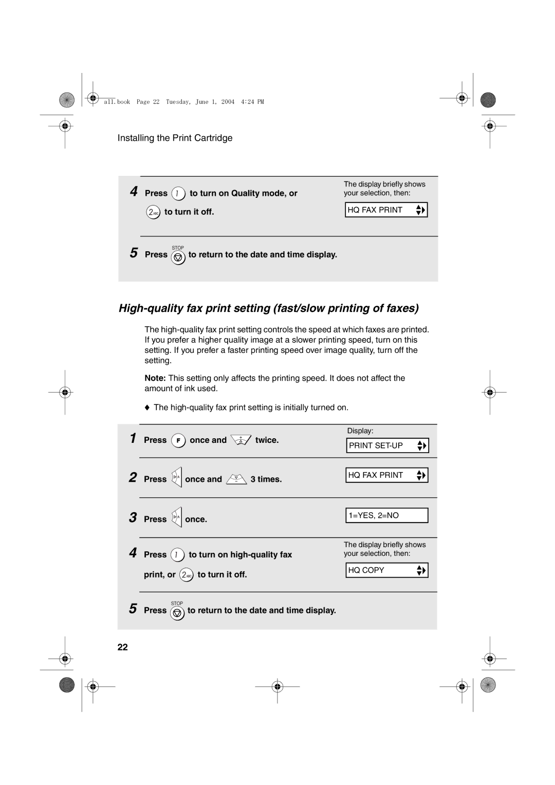 Sharp UX-B30 manual High-quality fax print setting fast/slow printing of faxes 