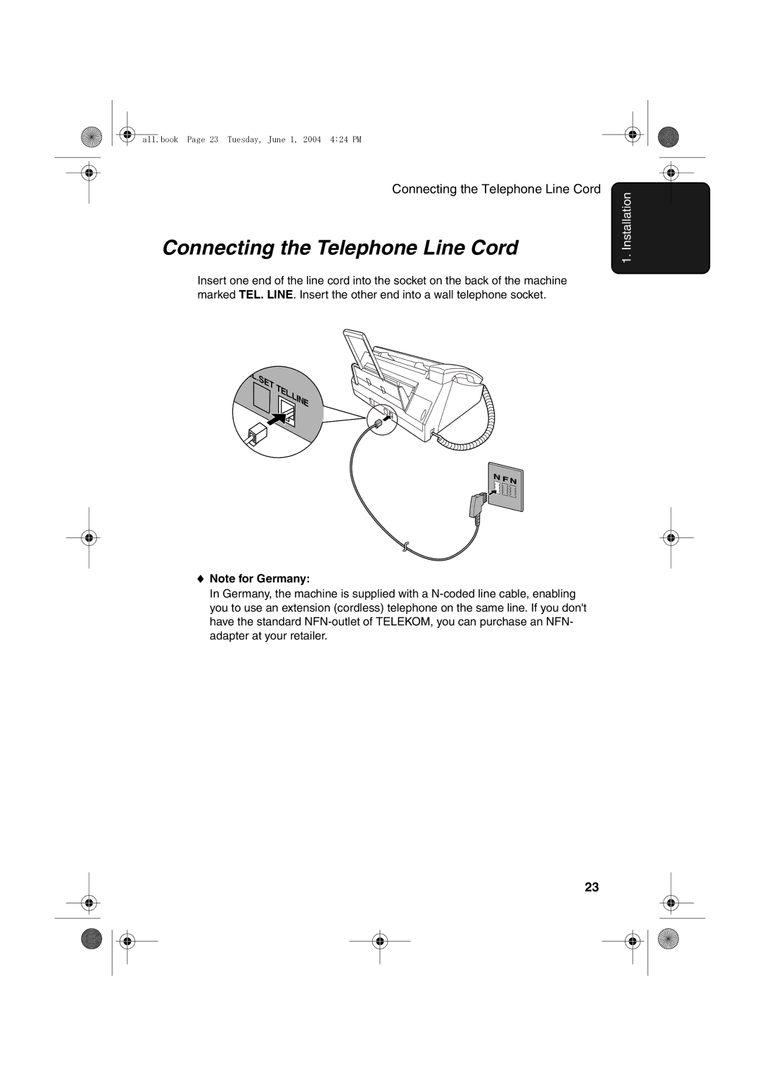 Sharp UX-B30 manual Connecting the Telephone Line Cord 